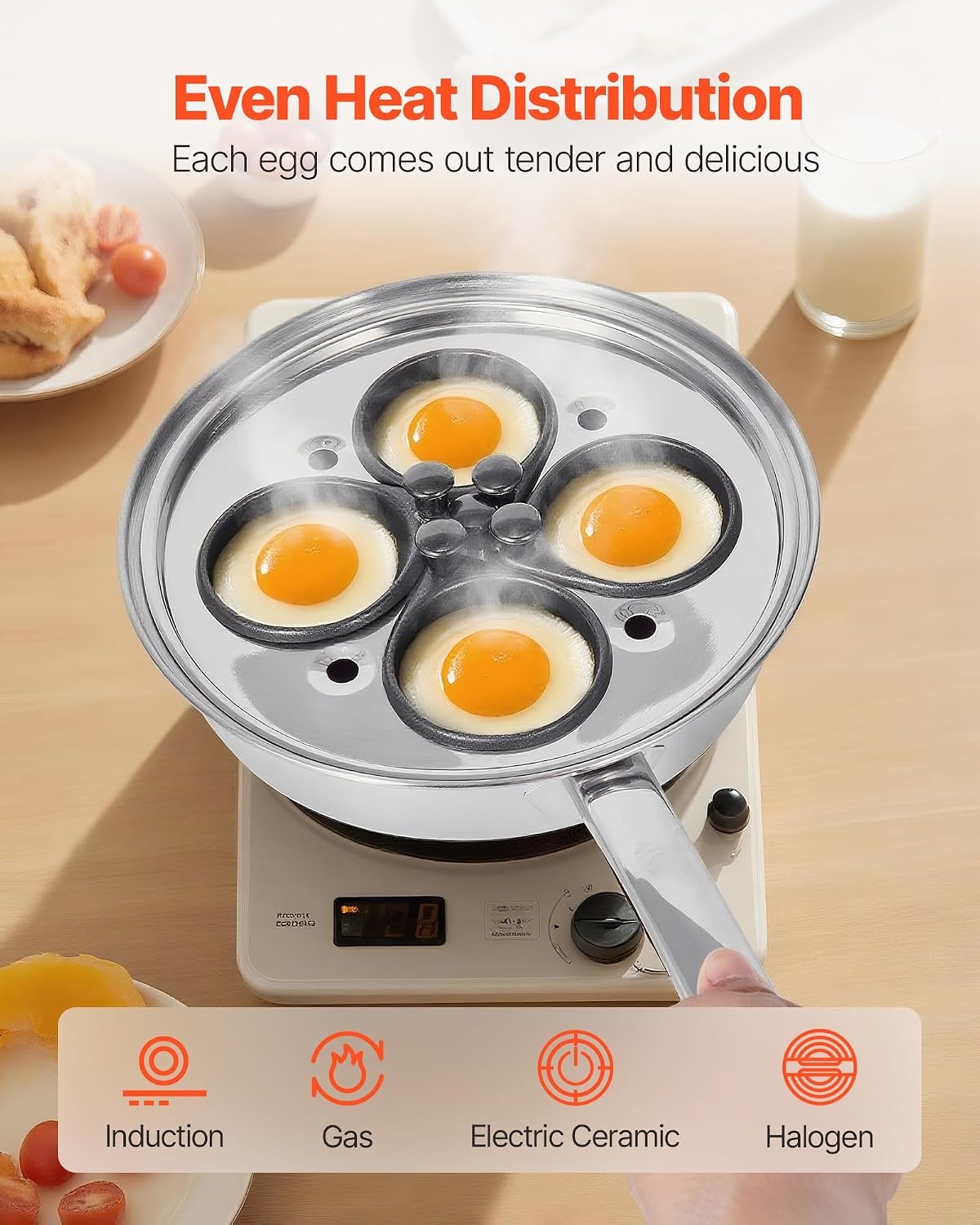 image:imageVEVOR Egg Poacher Pan 4Cup Poached Egg Maker Stainless Steel Poaching Pan and Frying Skillet with 4 Nonsitck Detachable Large Cups Lid and Silicone Spatula Compatible with Induction Stovetop