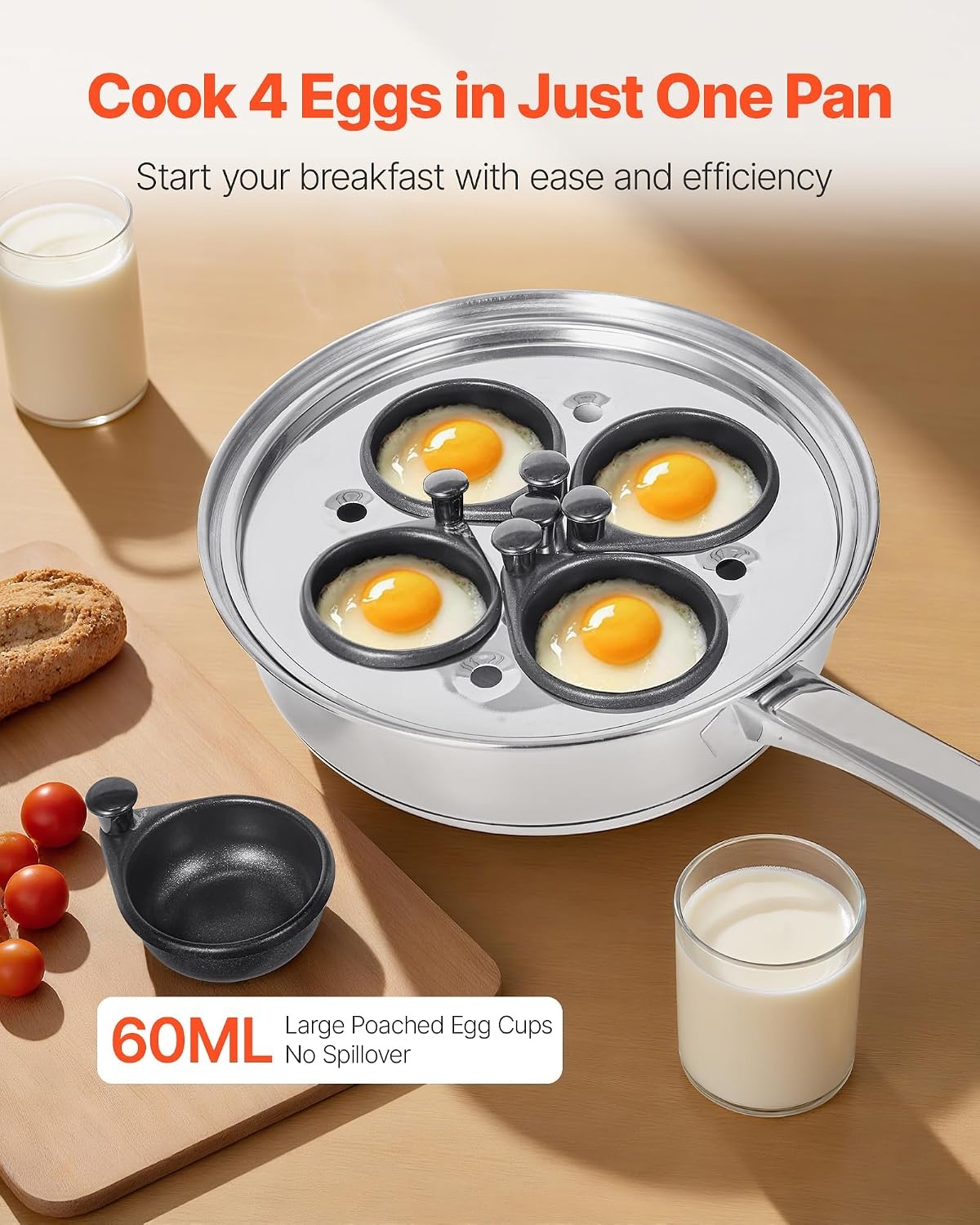 image:imageVEVOR Egg Poacher Pan 4Cup Poached Egg Maker Stainless Steel Poaching Pan and Frying Skillet with 4 Nonsitck Detachable Large Cups Lid and Silicone Spatula Compatible with Induction Stovetop