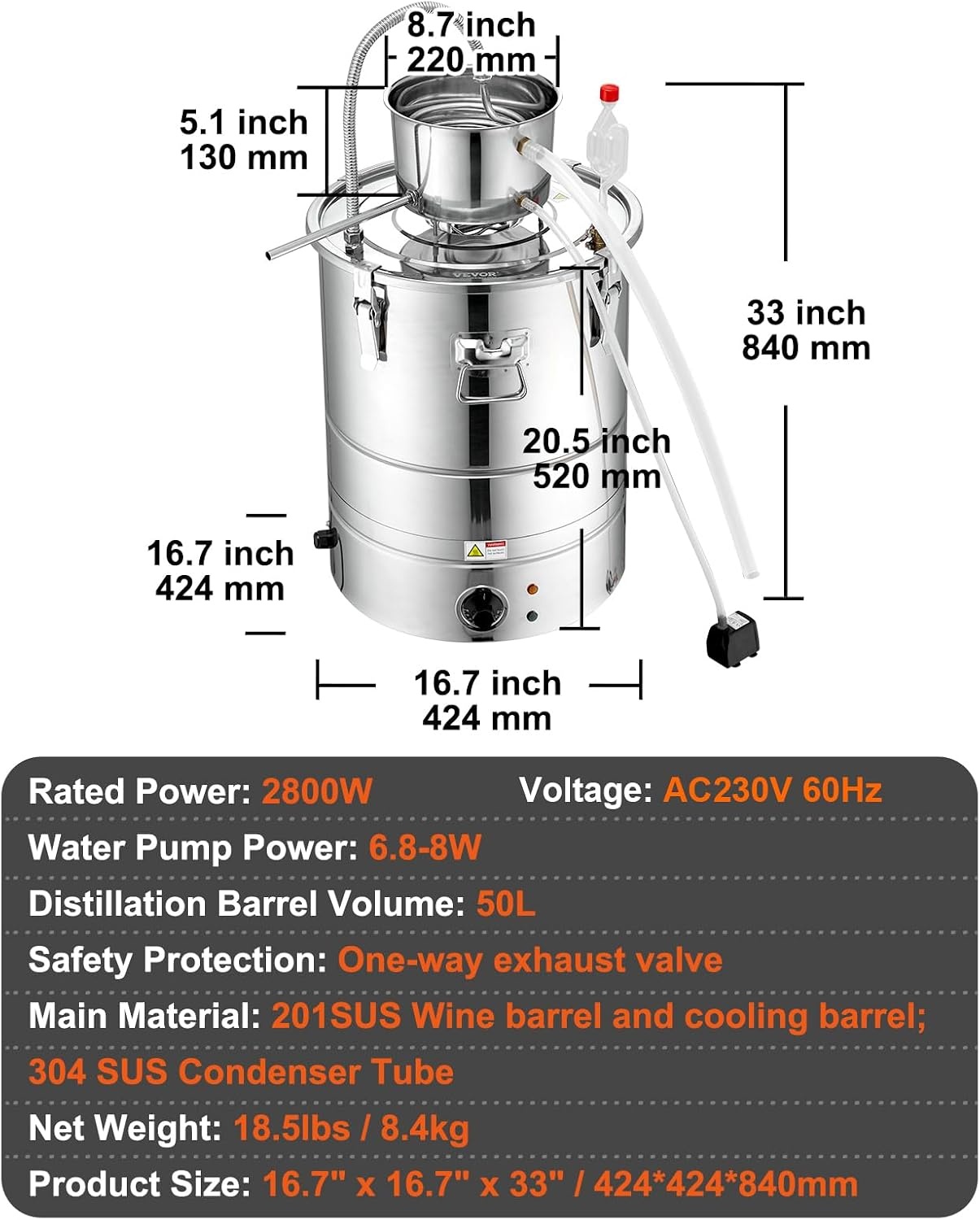 image:imageVEVOR Electric Alcohol Still 8Gal30L Alcohol Distiller Distillery Kit for Alcohol include Pump amp Oneway Exhaust Valve amp ThermometerSilver