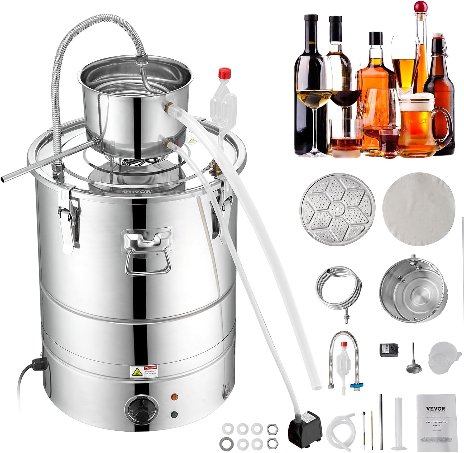 image:imageVEVOR Electric Alcohol Still 8Gal30L Alcohol Distiller Distillery Kit for Alcohol include Pump amp Oneway Exhaust Valve amp ThermometerSilver
