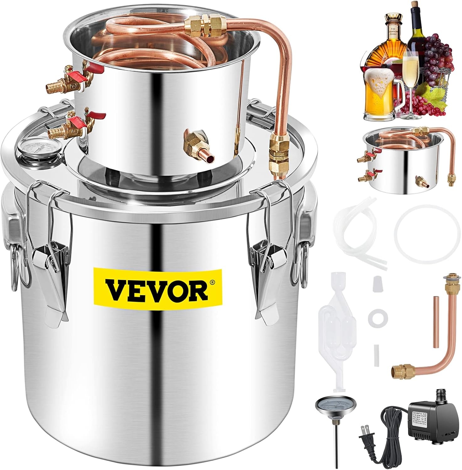 image:imageVEVOR Electric Alcohol Still 8Gal30L Alcohol Distiller Distillery Kit for Alcohol include Pump amp Oneway Exhaust Valve amp ThermometerSilver