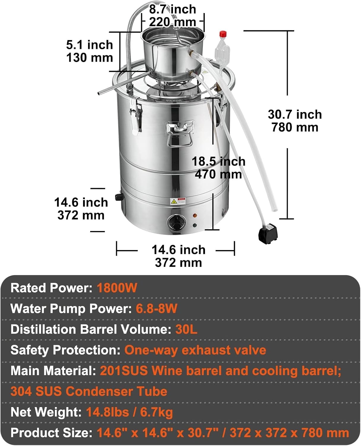 image:imageVEVOR Electric Alcohol Still 8Gal30L Alcohol Distiller Distillery Kit for Alcohol include Pump amp Oneway Exhaust Valve amp ThermometerSilver