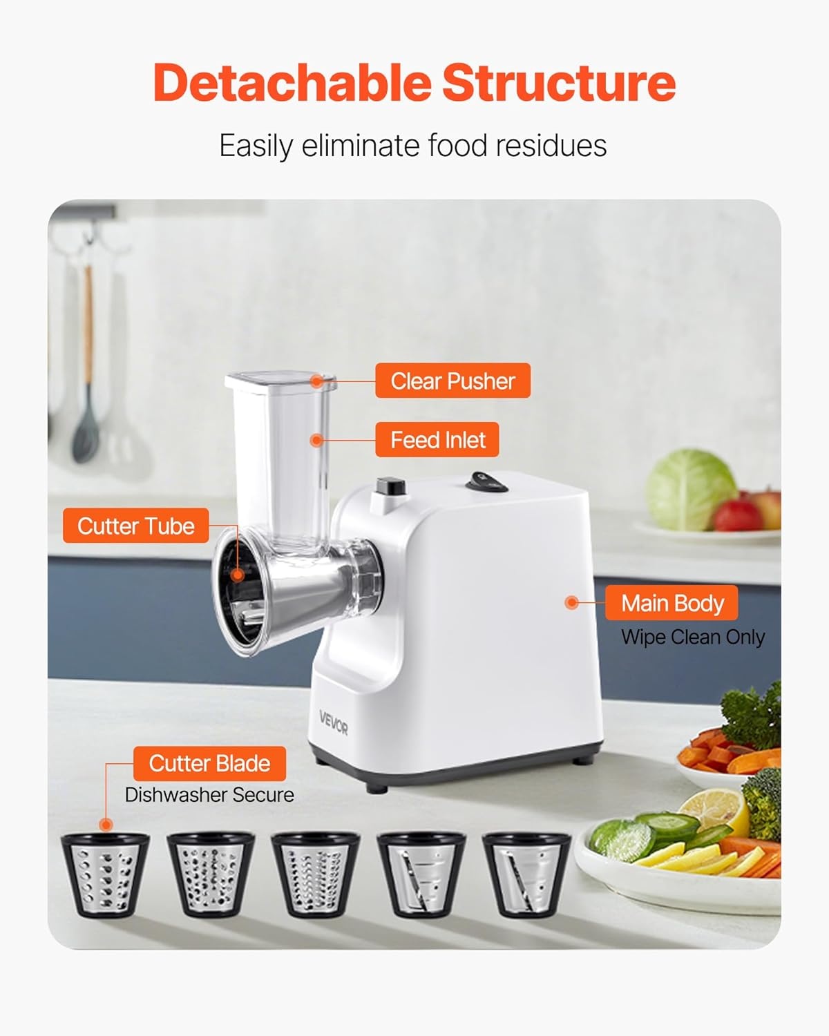 image:imageVEVOR Electric Cheese Grater Salad Maker 200W Salad Shooter Electric Vegetable Slicer Shredder Chopper for Fruits with 5 Attachments Stainless Steel Food Cutter for Vegetables and Cheeses200W
