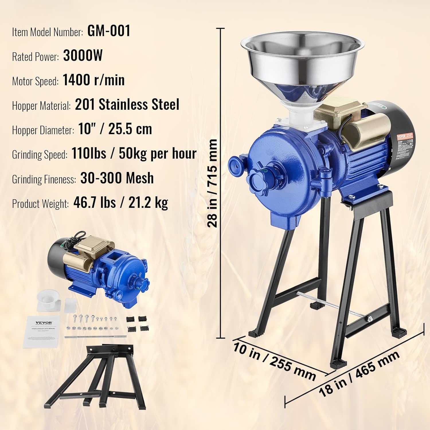 image:imageVEVOR Electric Grain Mill Grinder 3000W Spice Grinders Commercial Corn Mill with Funnel Thickness Adjustable Powder Machine Heavy Duty Feed Flour Cereal Mill Wheat Grinders Dry GrinderBlue