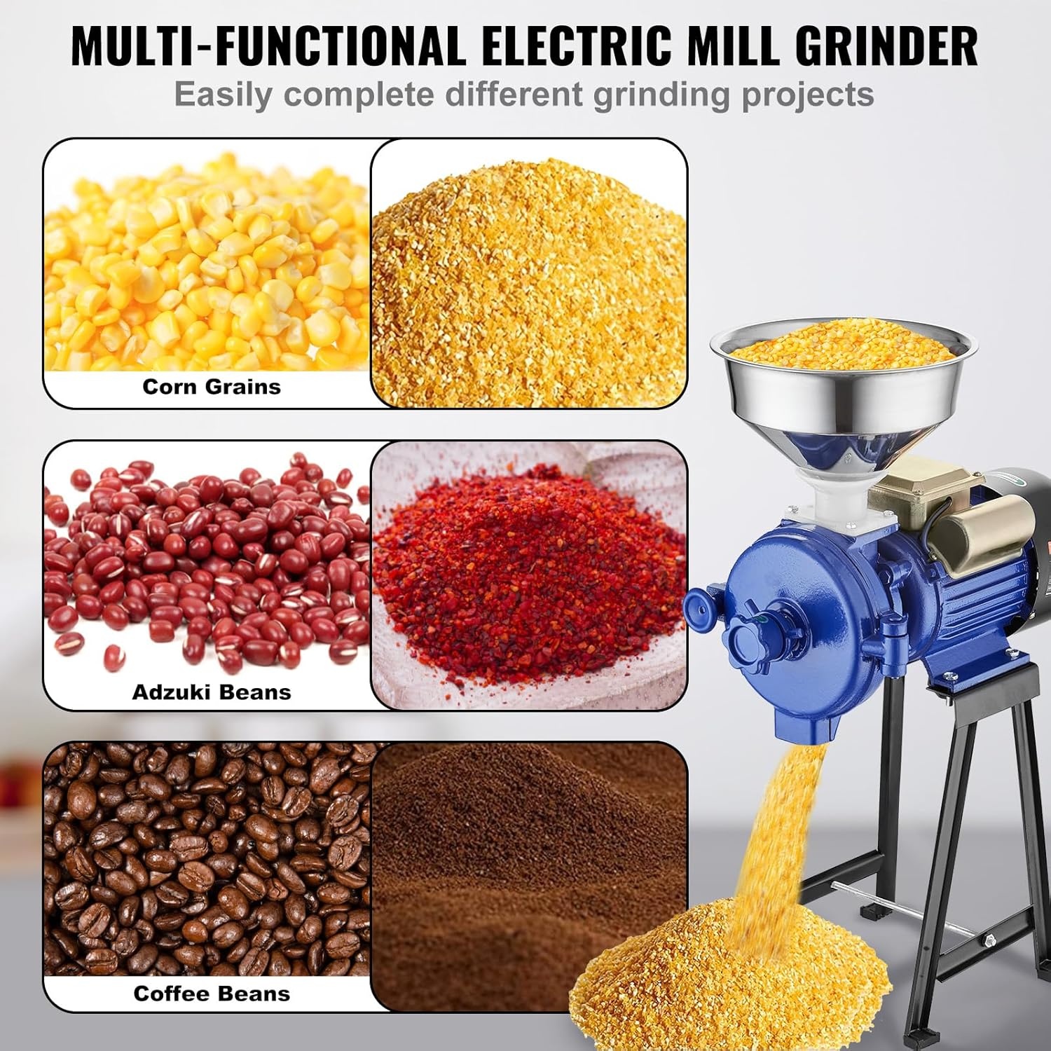image:imageVEVOR Electric Grain Mill Grinder 3000W Spice Grinders Commercial Corn Mill with Funnel Thickness Adjustable Powder Machine Heavy Duty Feed Flour Cereal Mill Wheat Grinders Dry GrinderBlue