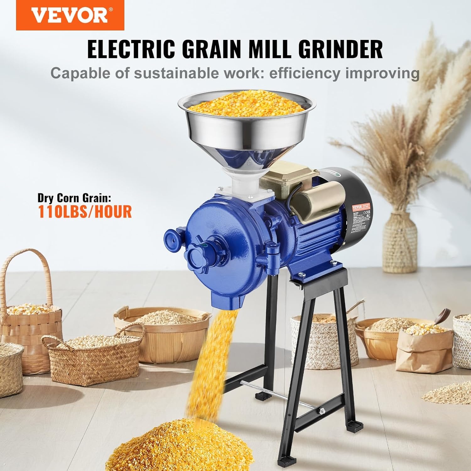 image:imageVEVOR Electric Grain Mill Grinder 3000W Spice Grinders Commercial Corn Mill with Funnel Thickness Adjustable Powder Machine Heavy Duty Feed Flour Cereal Mill Wheat Grinders Dry GrinderBlue