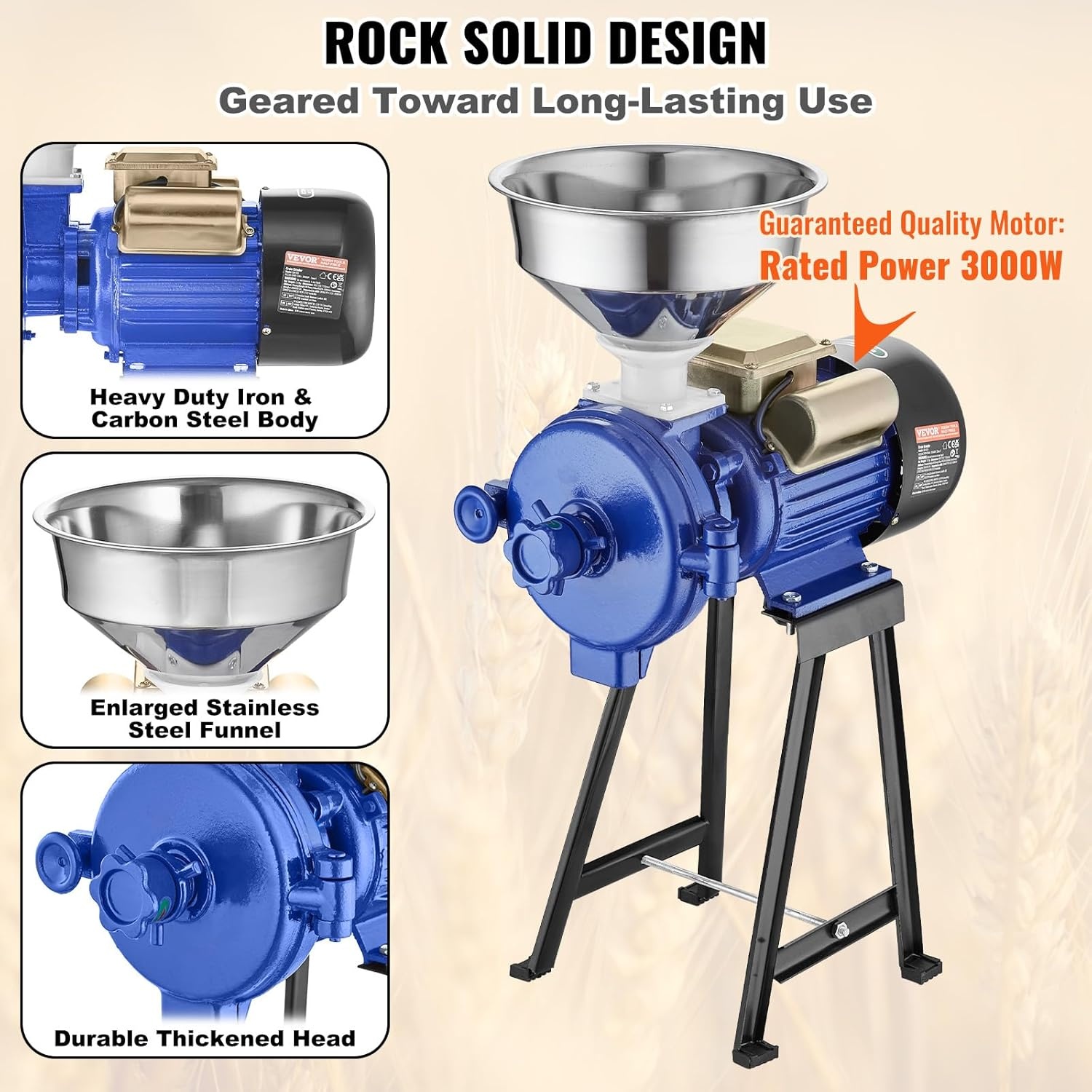image:imageVEVOR Electric Grain Mill Grinder 3000W Spice Grinders Commercial Corn Mill with Funnel Thickness Adjustable Powder Machine Heavy Duty Feed Flour Cereal Mill Wheat Grinders Dry GrinderBlue