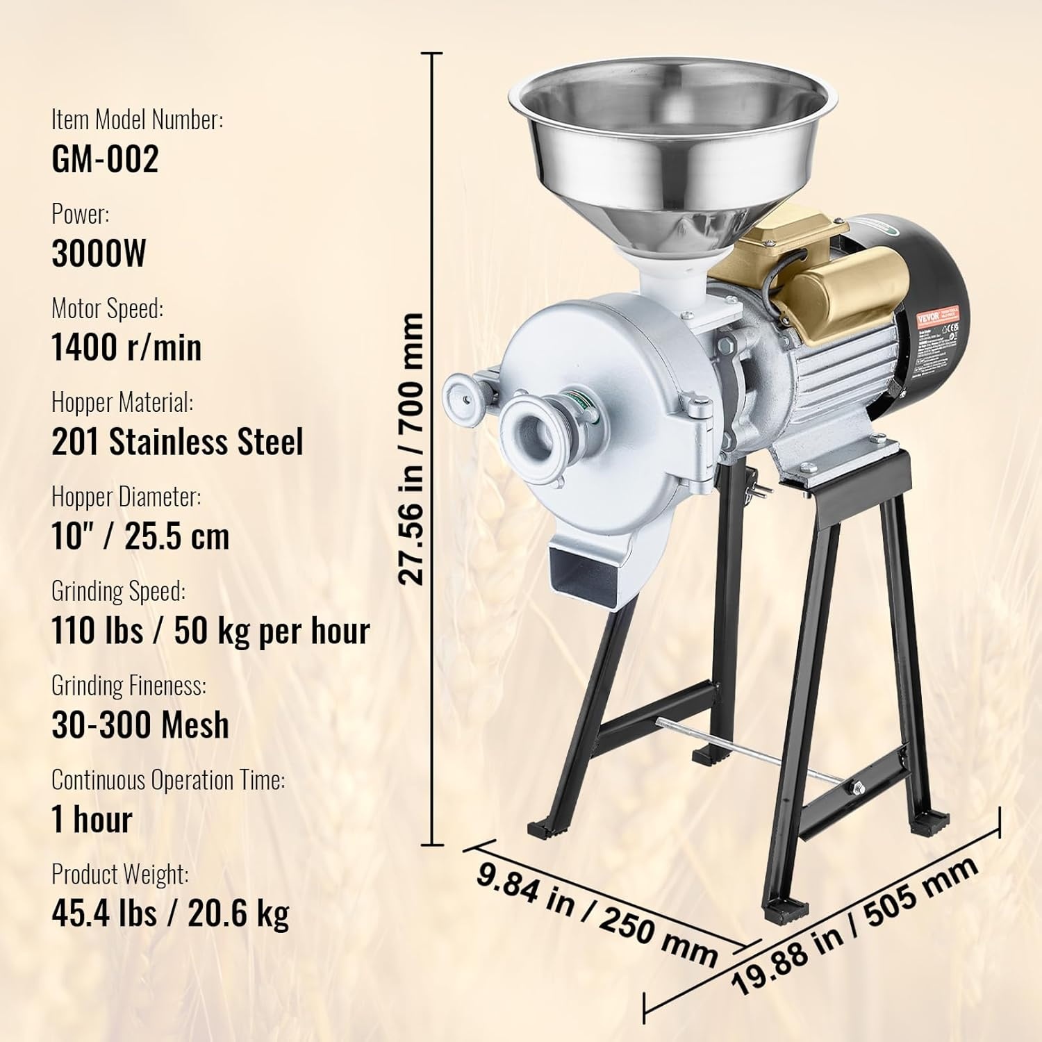 image:imageVEVOR Electric Grain Mill Grinder 3000W Spice Grinders Commercial Corn Mill with Funnel Thickness Adjustable Powder Machine Heavy Duty Feed Flour Cereal Mill Wheat Grinders Dry GrinderBlack