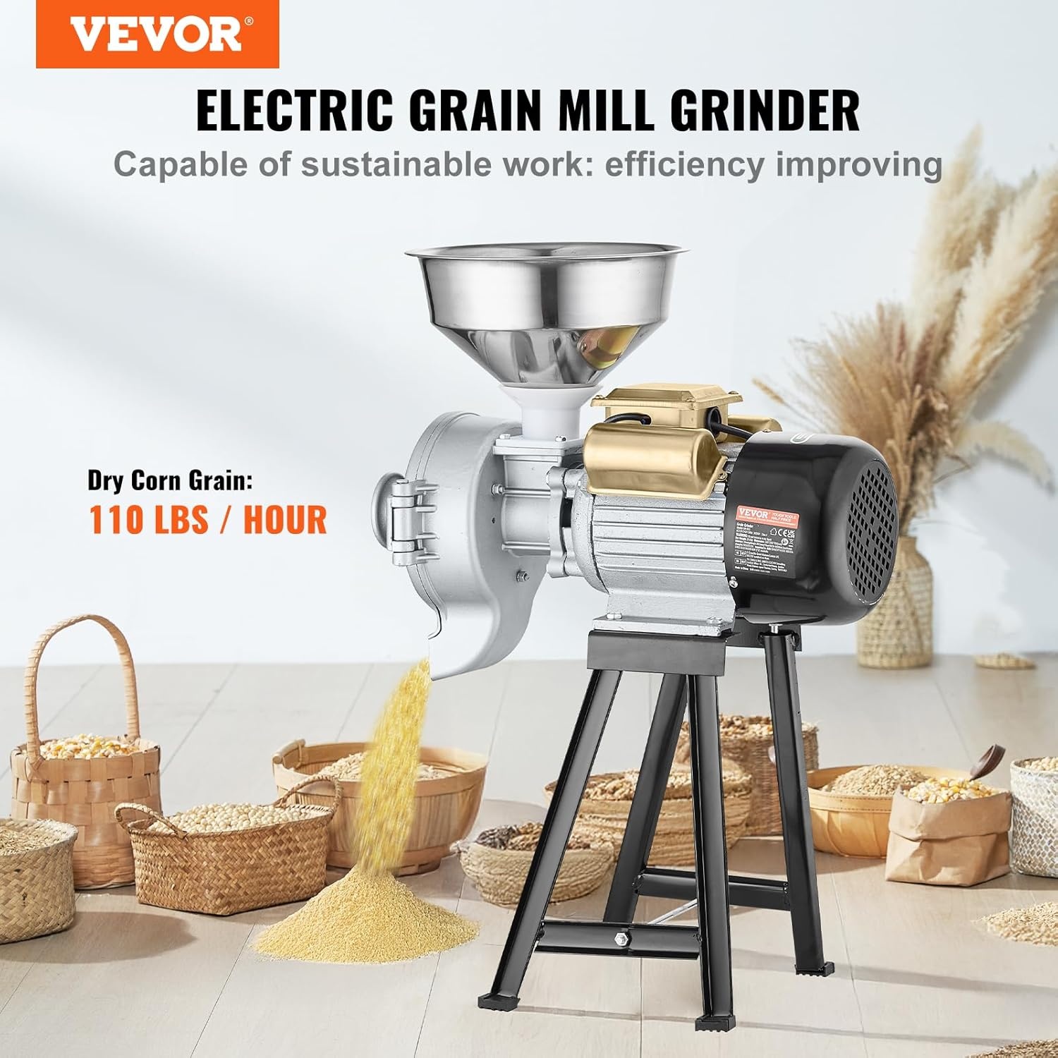 image:imageVEVOR Electric Grain Mill Grinder 3000W Spice Grinders Commercial Corn Mill with Funnel Thickness Adjustable Powder Machine Heavy Duty Feed Flour Cereal Mill Wheat Grinders Dry GrinderBlack