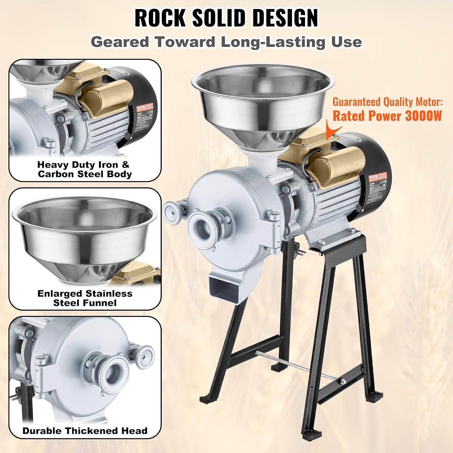 image:imageVEVOR Electric Grain Mill Grinder 3000W Spice Grinders Commercial Corn Mill with Funnel Thickness Adjustable Powder Machine Heavy Duty Feed Flour Cereal Mill Wheat Grinders Dry GrinderBlack
