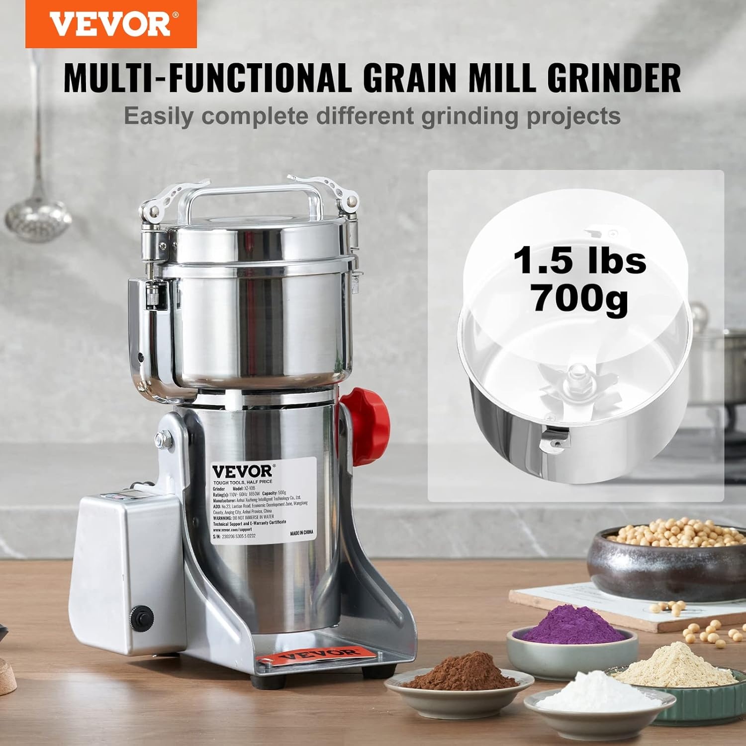 image:imageVEVOR Electric Grain Mill Grinder 600W High Power Commercial Spice Grinder 66 Gal Pulverizer Powder Machine with Galvanized Sharp Blades for Dry Grains Spices Cereals Coffee Corn amp Pepper700g
