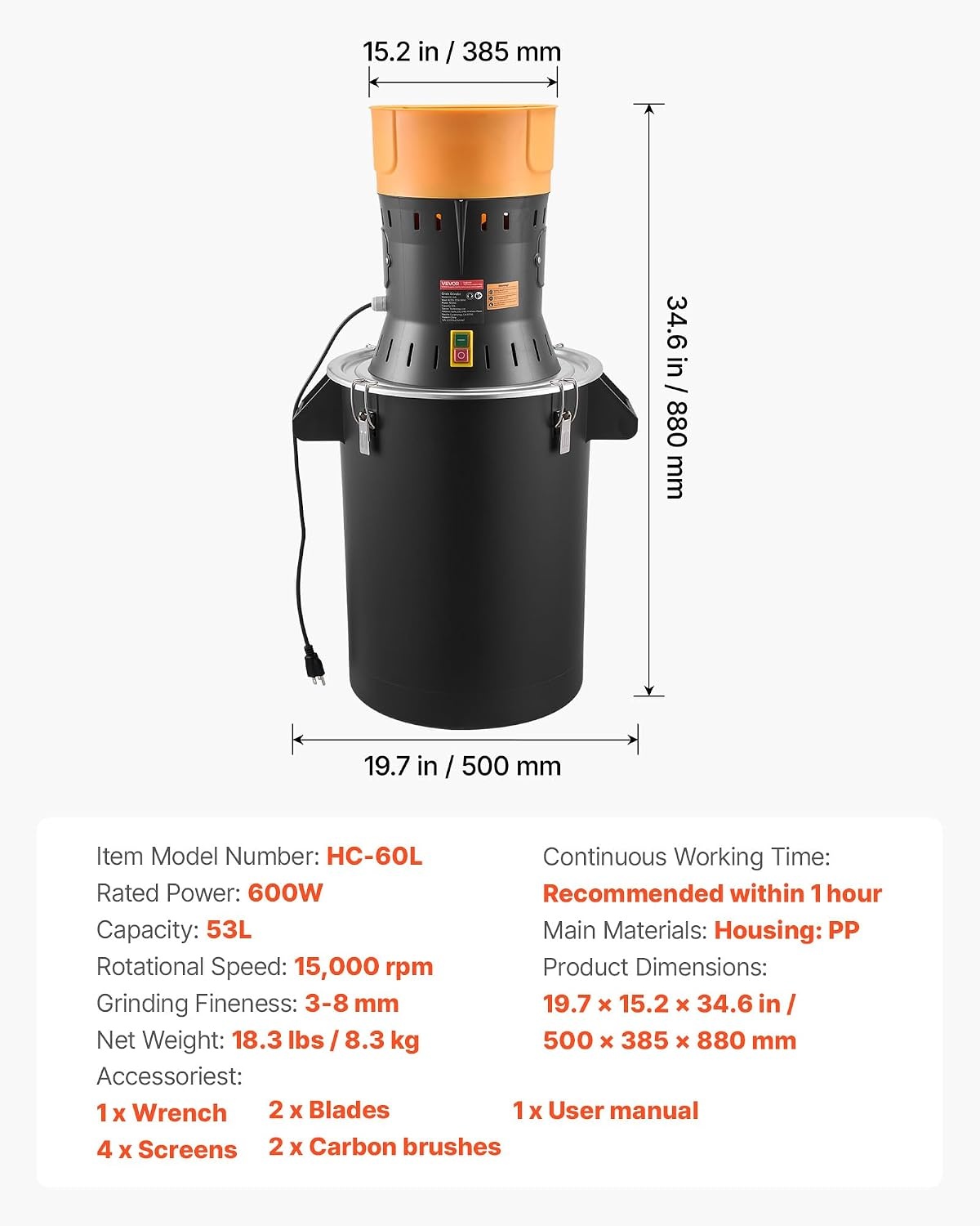 image:imageVEVOR Electric Grain Mill Grinder 600W High Power Commercial Spice Grinder 66 Gal Pulverizer Powder Machine with Galvanized Sharp Blades for Dry Grains Spices Cereals Coffee Corn amp PepperLarge