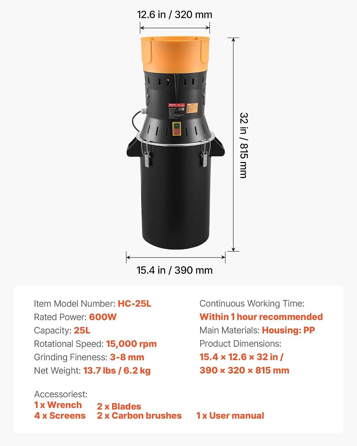 image:imageVEVOR Electric Grain Mill Grinder 600W High Power Commercial Spice Grinder 66 Gal Pulverizer Powder Machine with Galvanized Sharp Blades for Dry Grains Spices Cereals Coffee Corn amp PepperMedium