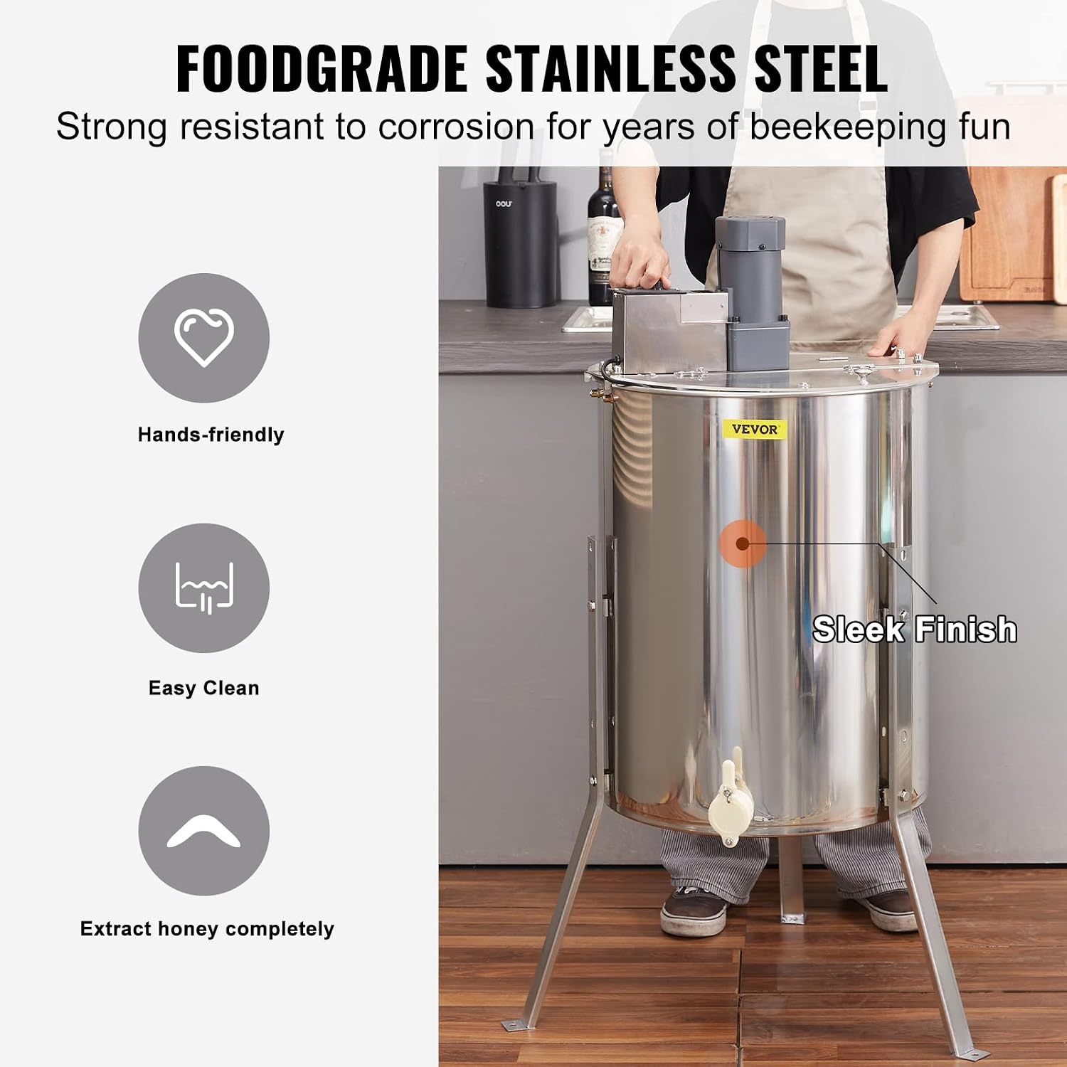 image:imageVEVOR Electric Honey Extractor 3 Frame Honey Extractor with Transparent Lid Stainless Steel Honeycomb Drum Spinner Height Adjustable Honeycomb Extraction Equipment for Beekeeping8 Frame Rack4 Deep Frames