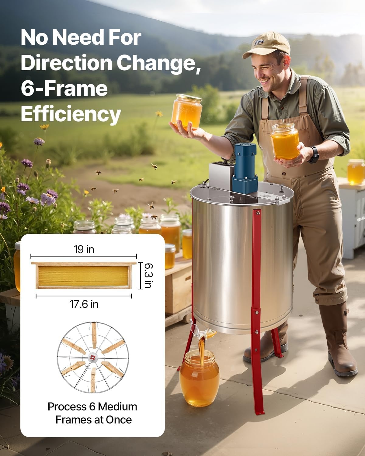 image:imageVEVOR Electric Honey Extractor 3 Frame Honey Extractor with Transparent Lid Stainless Steel Honeycomb Drum Spinner Height Adjustable Honeycomb Extraction Equipment for Beekeeping6 Frame