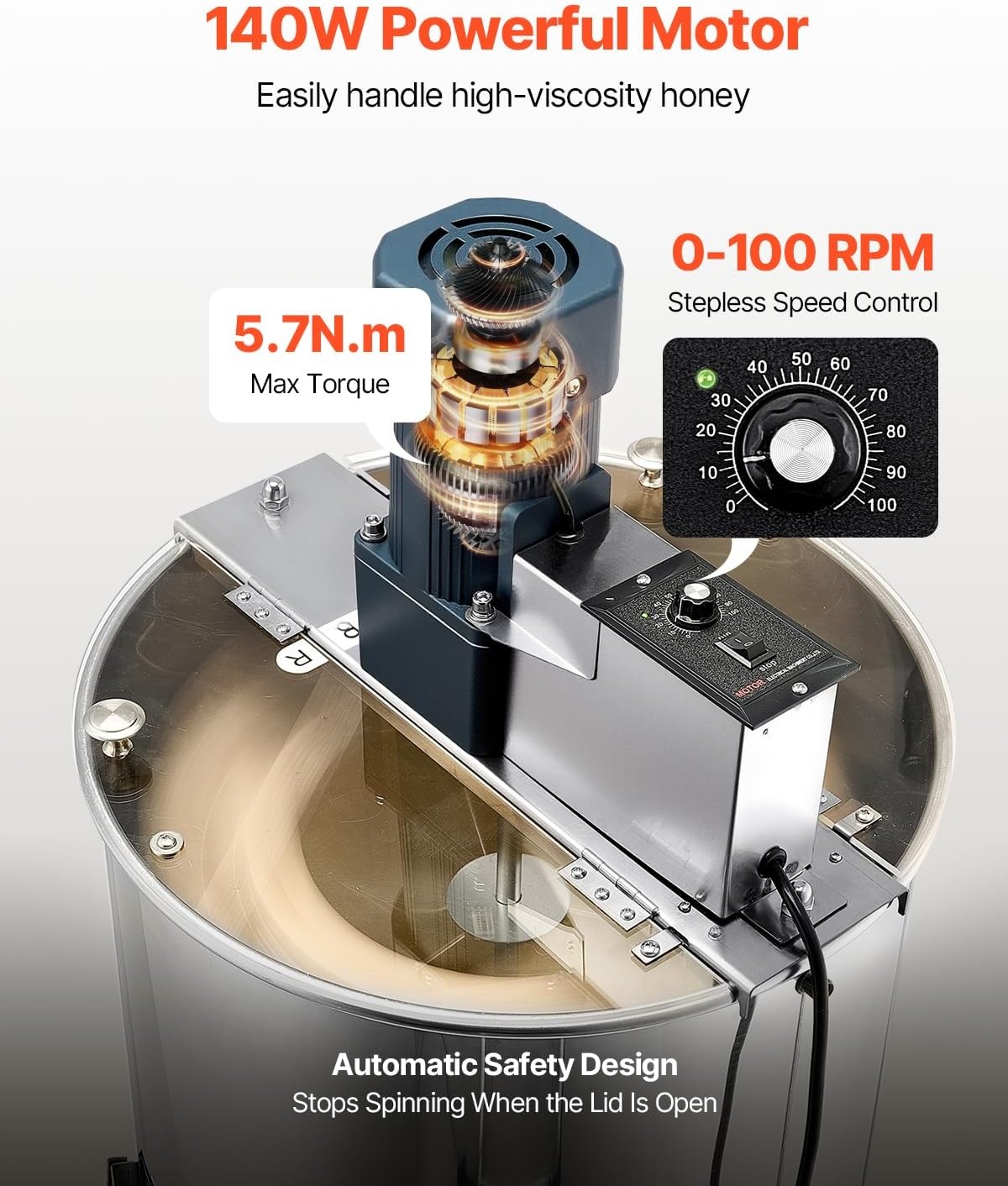 image:imageVEVOR Electric Honey Extractor 3 Frame Honey Extractor with Transparent Lid Stainless Steel Honeycomb Drum Spinner Height Adjustable Honeycomb Extraction Equipment for Beekeeping3 Frame