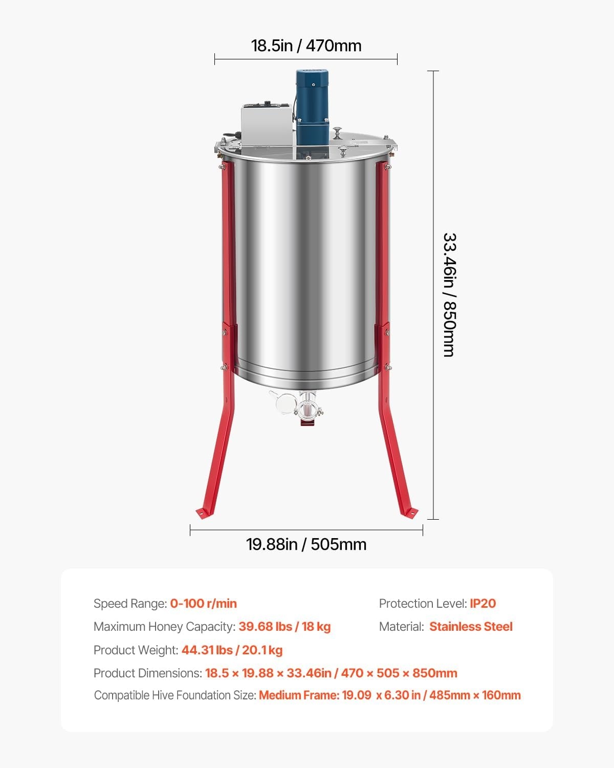 image:imageVEVOR Electric Honey Extractor 3 Frame Honey Extractor with Transparent Lid Stainless Steel Honeycomb Drum Spinner Height Adjustable Honeycomb Extraction Equipment for Beekeeping6 Frame