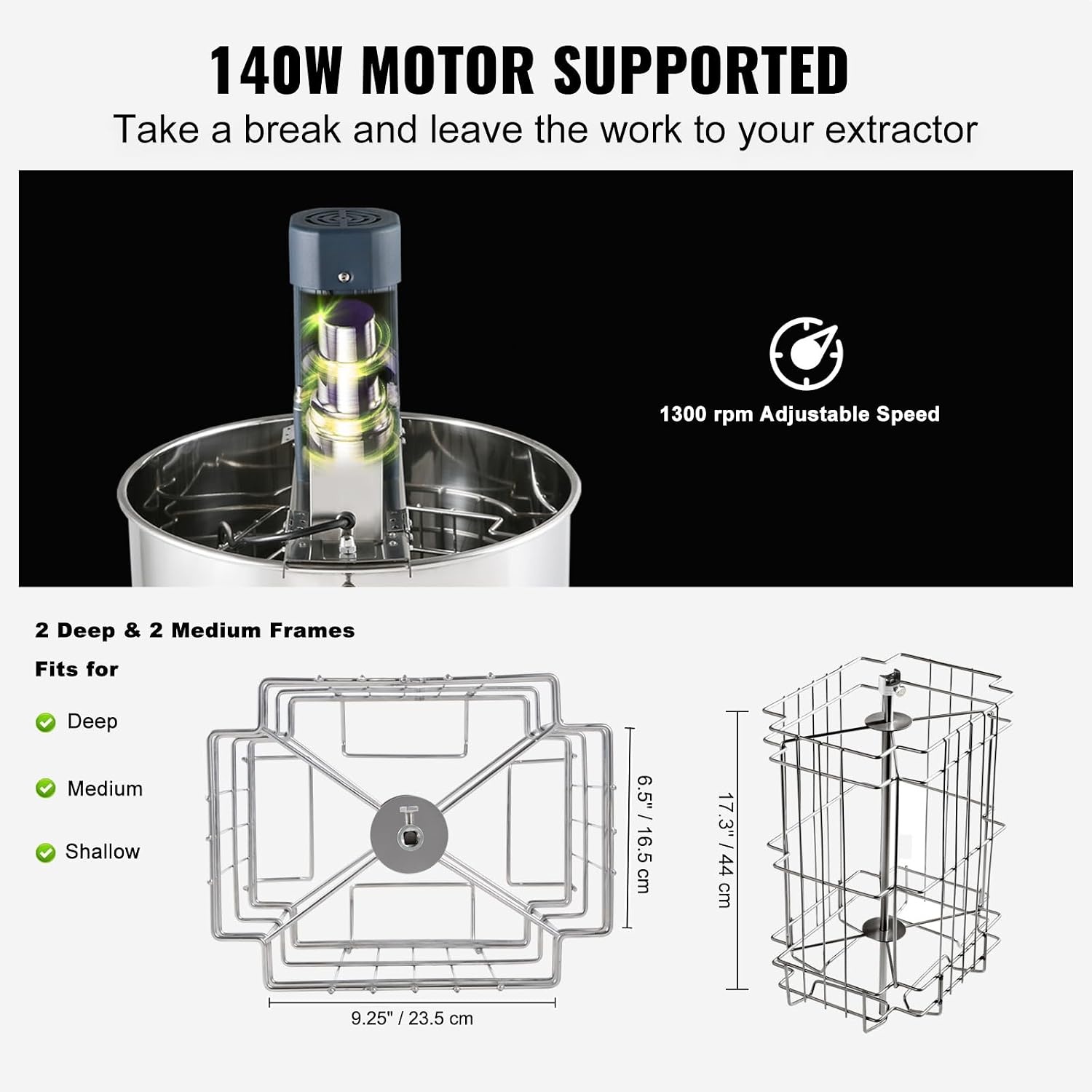 image:imageVEVOR Electric Honey Extractor 3 Frame Honey Extractor with Transparent Lid Stainless Steel Honeycomb Drum Spinner Height Adjustable Honeycomb Extraction Equipment for Beekeeping4 Frame Rack2 Deep Frames