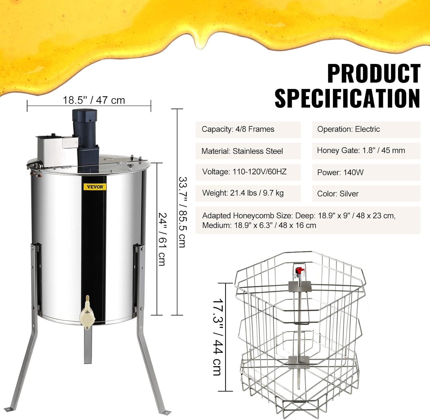 image:imageVEVOR Electric Honey Extractor 3 Frame Honey Extractor with Transparent Lid Stainless Steel Honeycomb Drum Spinner Height Adjustable Honeycomb Extraction Equipment for Beekeeping8 Frame Rack4 Deep Frames