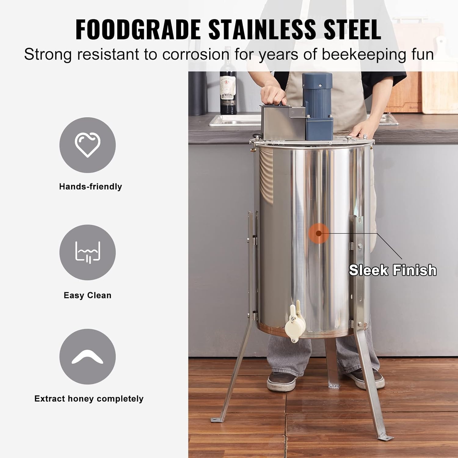 image:imageVEVOR Electric Honey Extractor 3 Frame Honey Extractor with Transparent Lid Stainless Steel Honeycomb Drum Spinner Height Adjustable Honeycomb Extraction Equipment for Beekeeping4 Frame Rack2 Deep Frames