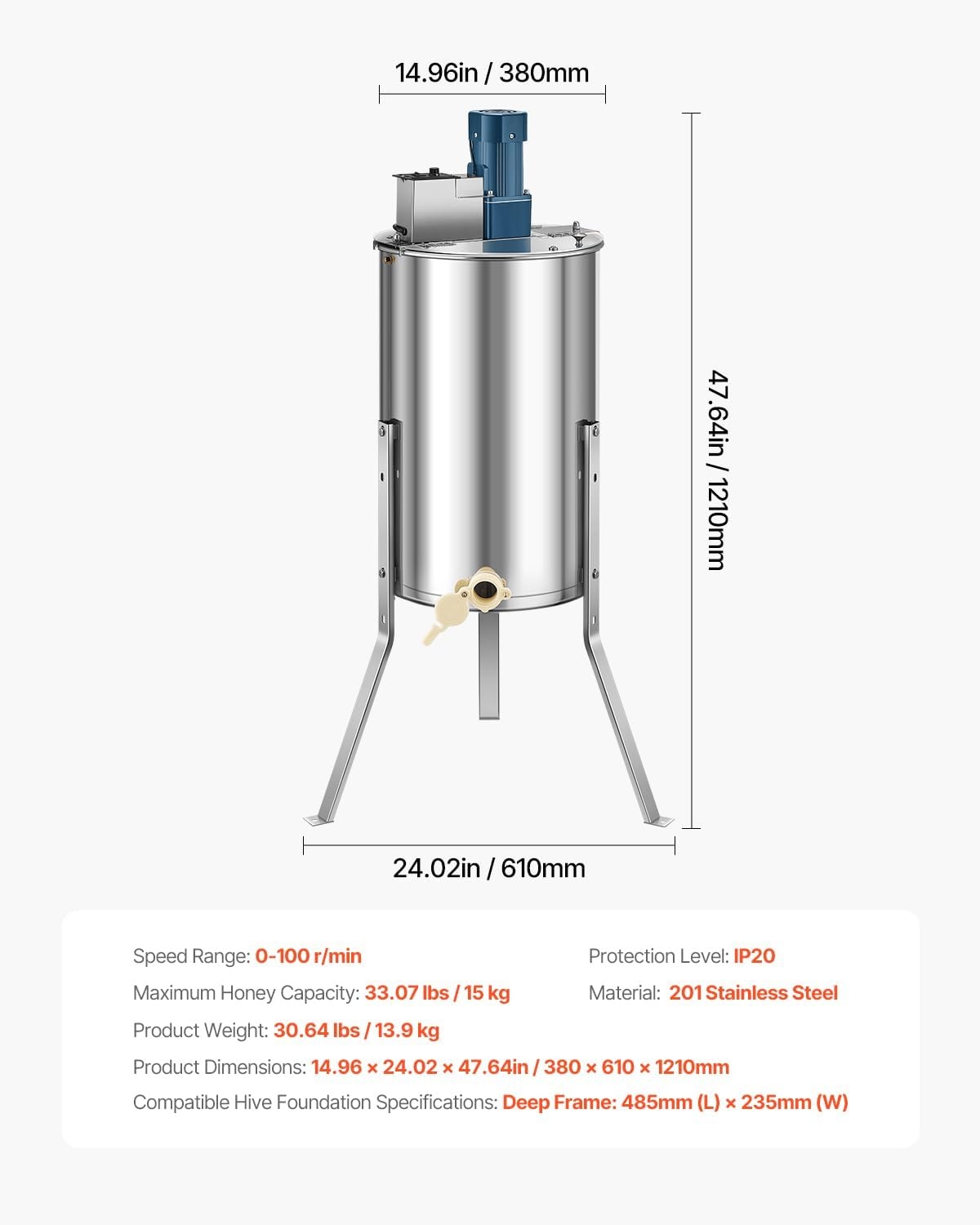image:imageVEVOR Electric Honey Extractor 3 Frame Honey Extractor with Transparent Lid Stainless Steel Honeycomb Drum Spinner Height Adjustable Honeycomb Extraction Equipment for Beekeeping3 Frame