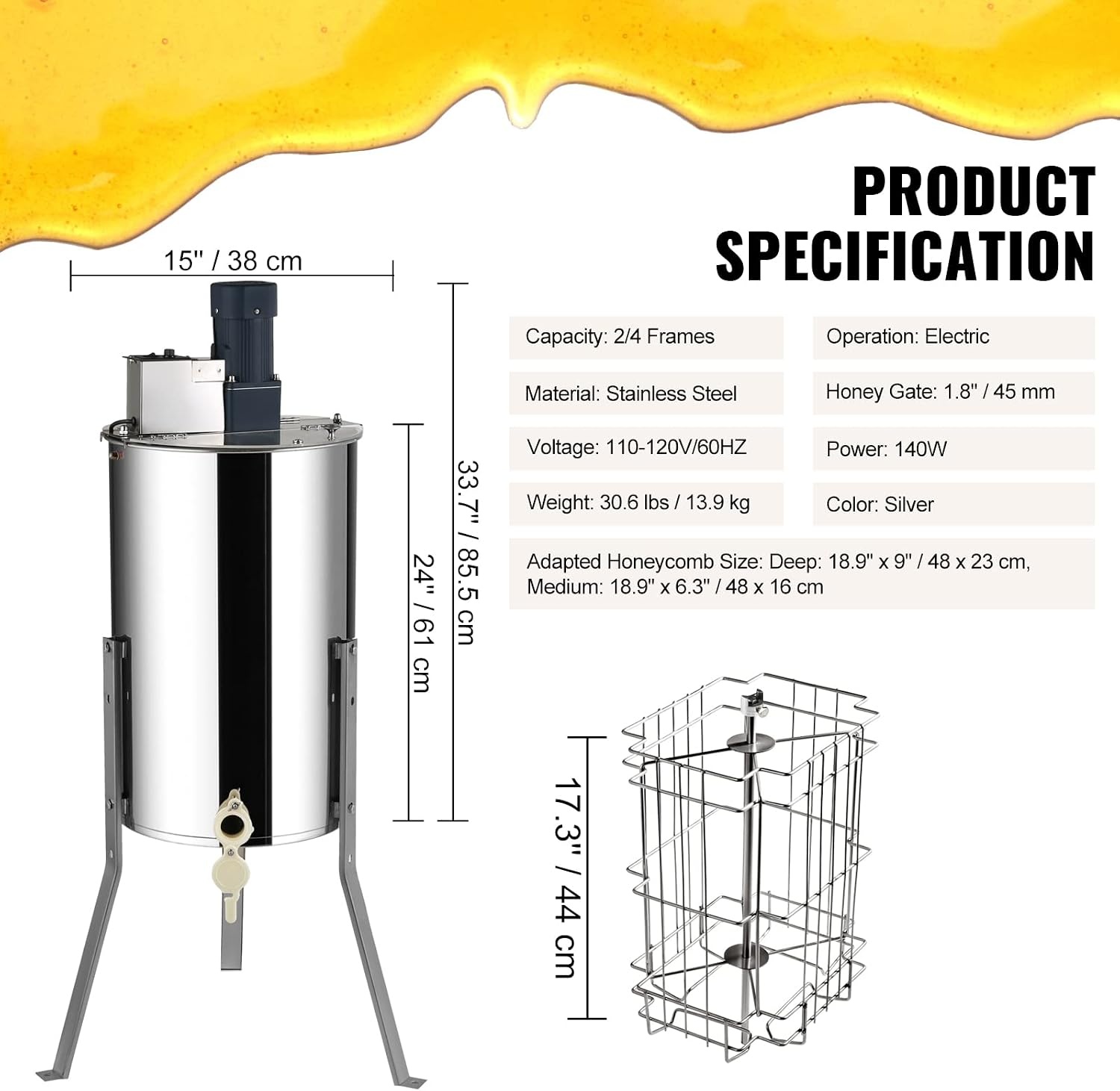 image:imageVEVOR Electric Honey Extractor 3 Frame Honey Extractor with Transparent Lid Stainless Steel Honeycomb Drum Spinner Height Adjustable Honeycomb Extraction Equipment for Beekeeping4 Frame Rack2 Deep Frames