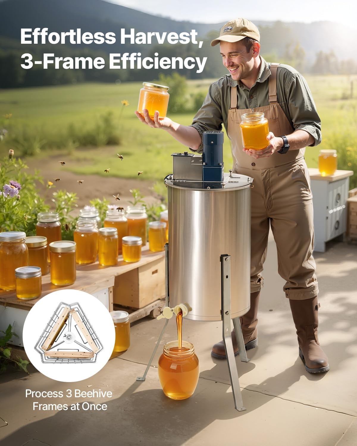 image:imageVEVOR Electric Honey Extractor 3 Frame Honey Extractor with Transparent Lid Stainless Steel Honeycomb Drum Spinner Height Adjustable Honeycomb Extraction Equipment for Beekeeping3 Frame