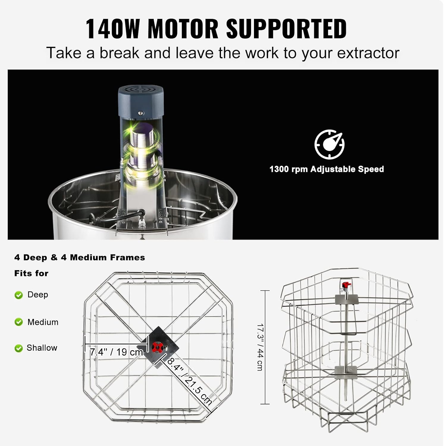 image:imageVEVOR Electric Honey Extractor 3 Frame Honey Extractor with Transparent Lid Stainless Steel Honeycomb Drum Spinner Height Adjustable Honeycomb Extraction Equipment for Beekeeping8 Frame Rack4 Deep Frames