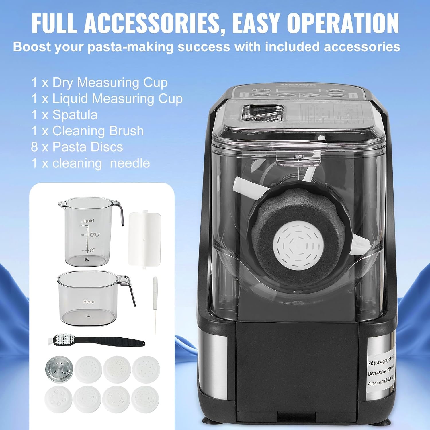 image:imageVEVOR Electric Pasta Maker 150W Automatic Noodle Maker Machine with 8 Pasta Shapes 4 Intelligent Modes 500g Flour Capacity Pasta Maker Machine with Measuring Cups Cleaning Brush for Home KitchenAutomatic