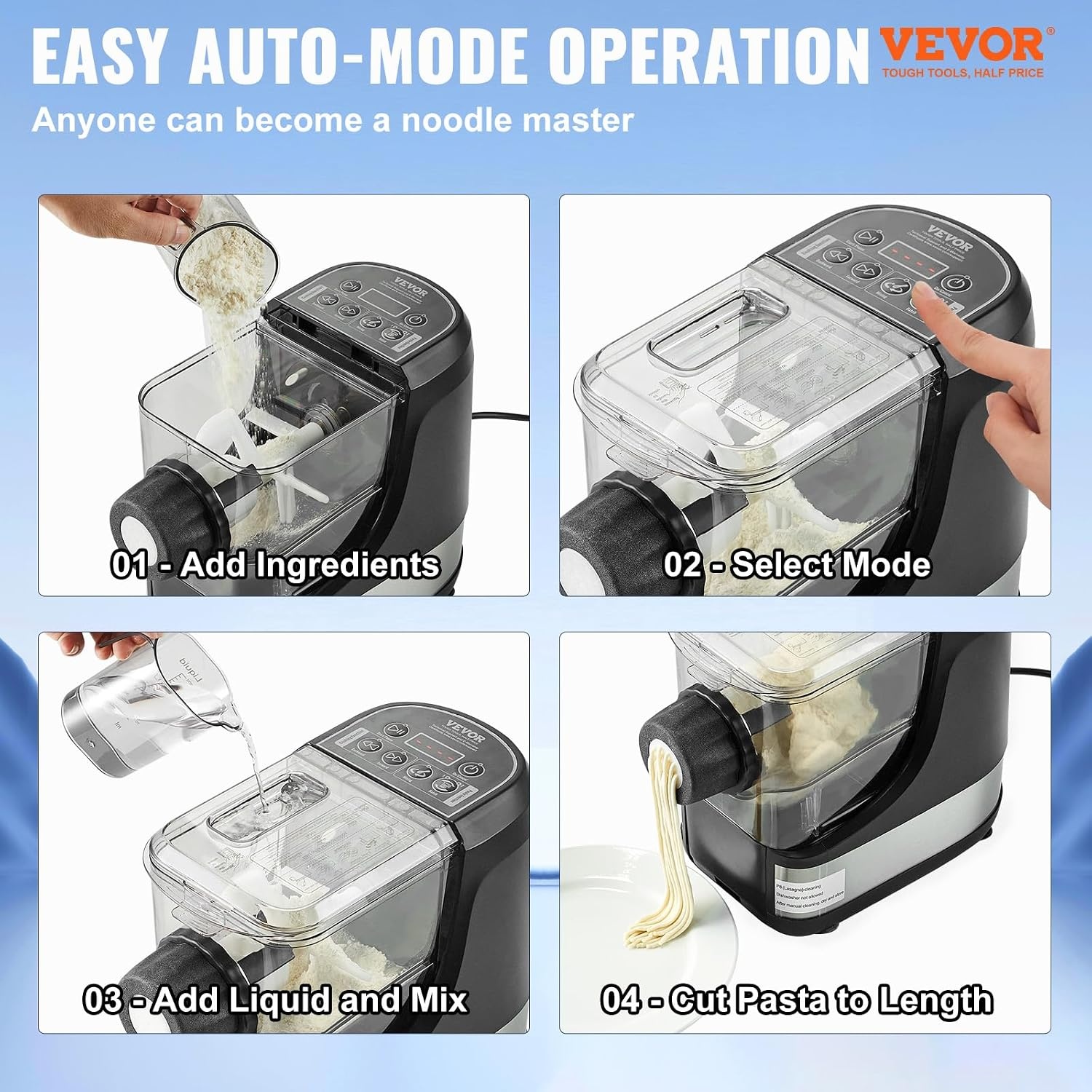 image:imageVEVOR Electric Pasta Maker 150W Automatic Noodle Maker Machine with 8 Pasta Shapes 4 Intelligent Modes 500g Flour Capacity Pasta Maker Machine with Measuring Cups Cleaning Brush for Home KitchenAutomatic