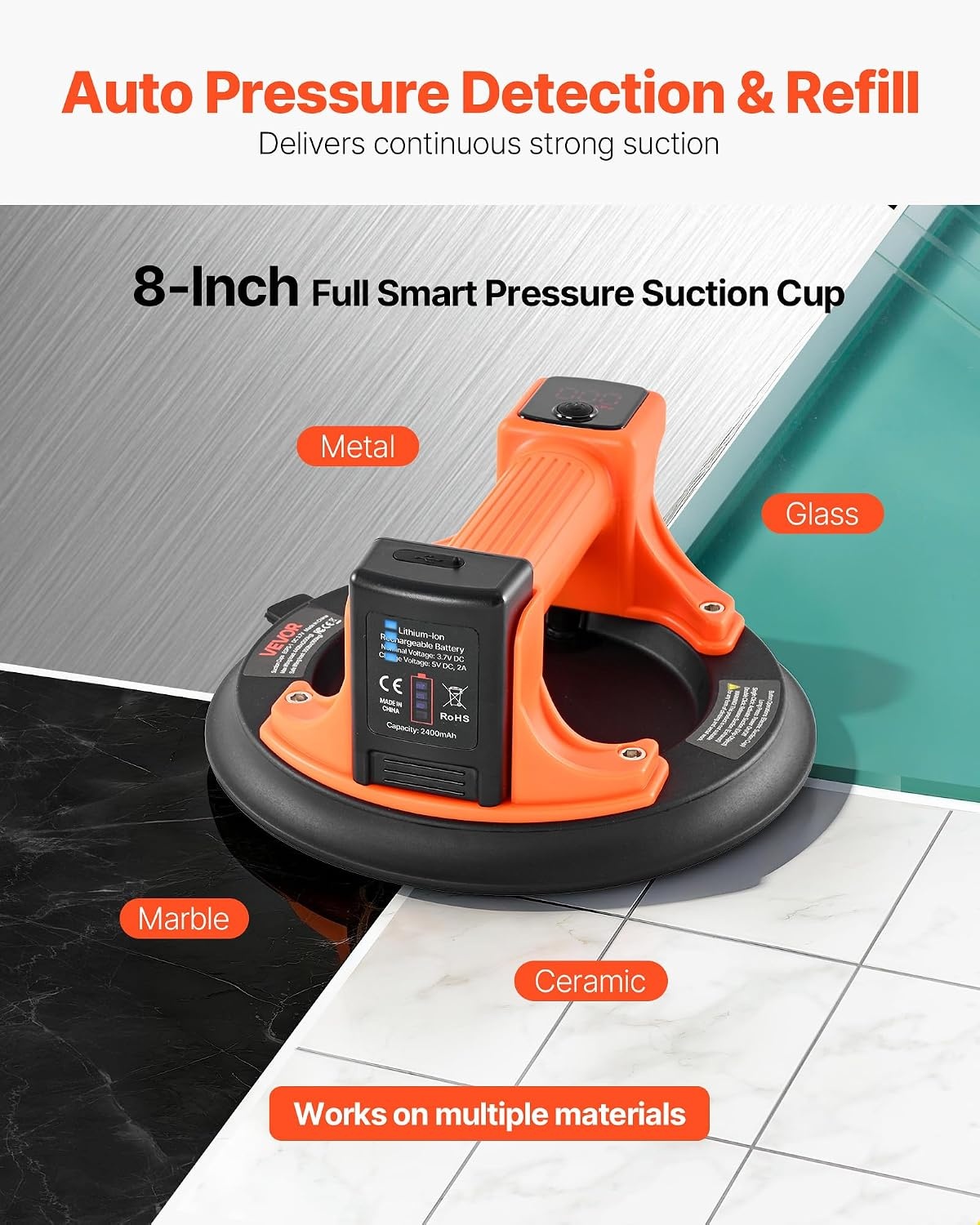 image:imageVEVOR Electric Suction Cup 8Inch Vacuum Glass Lifter with Digital Display for Suction Power amp Battery Level 440 lbs Max Lifting Capacity Tile Suction Cup Tool for Lifting Tile Granite 1Pack
