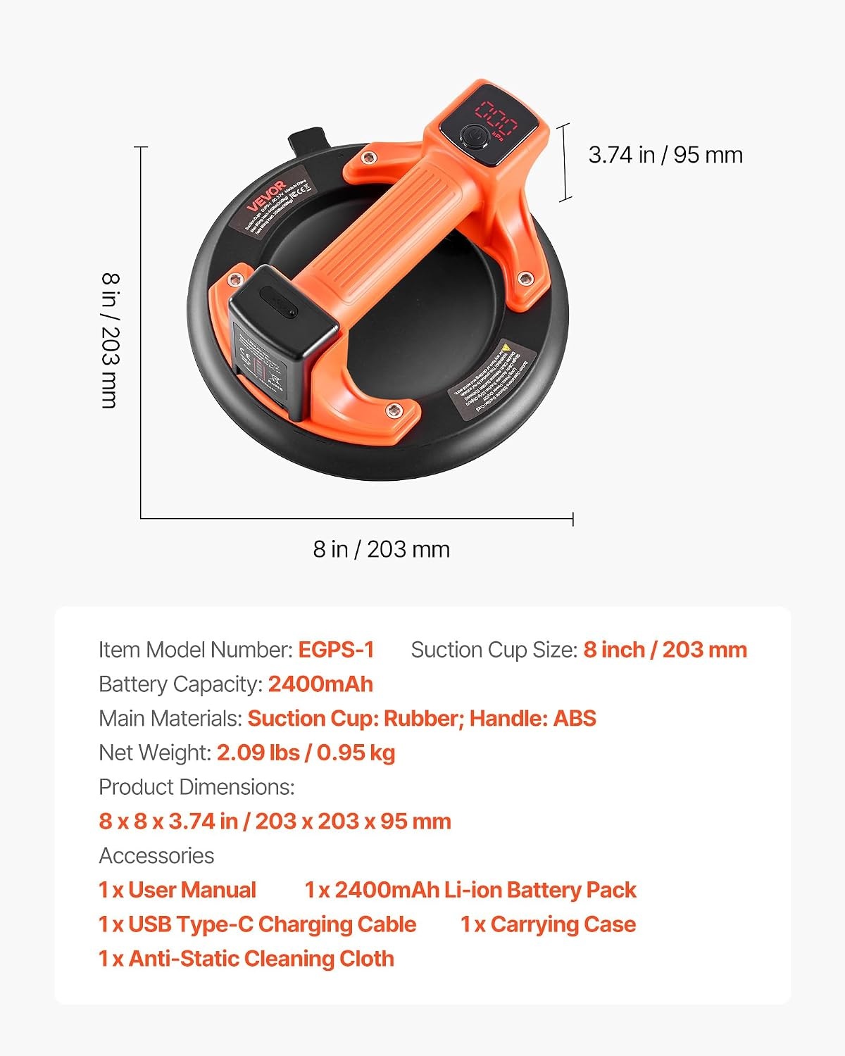 image:imageVEVOR Electric Suction Cup 8Inch Vacuum Glass Lifter with Digital Display for Suction Power amp Battery Level 440 lbs Max Lifting Capacity Tile Suction Cup Tool for Lifting Tile Granite 1Pack