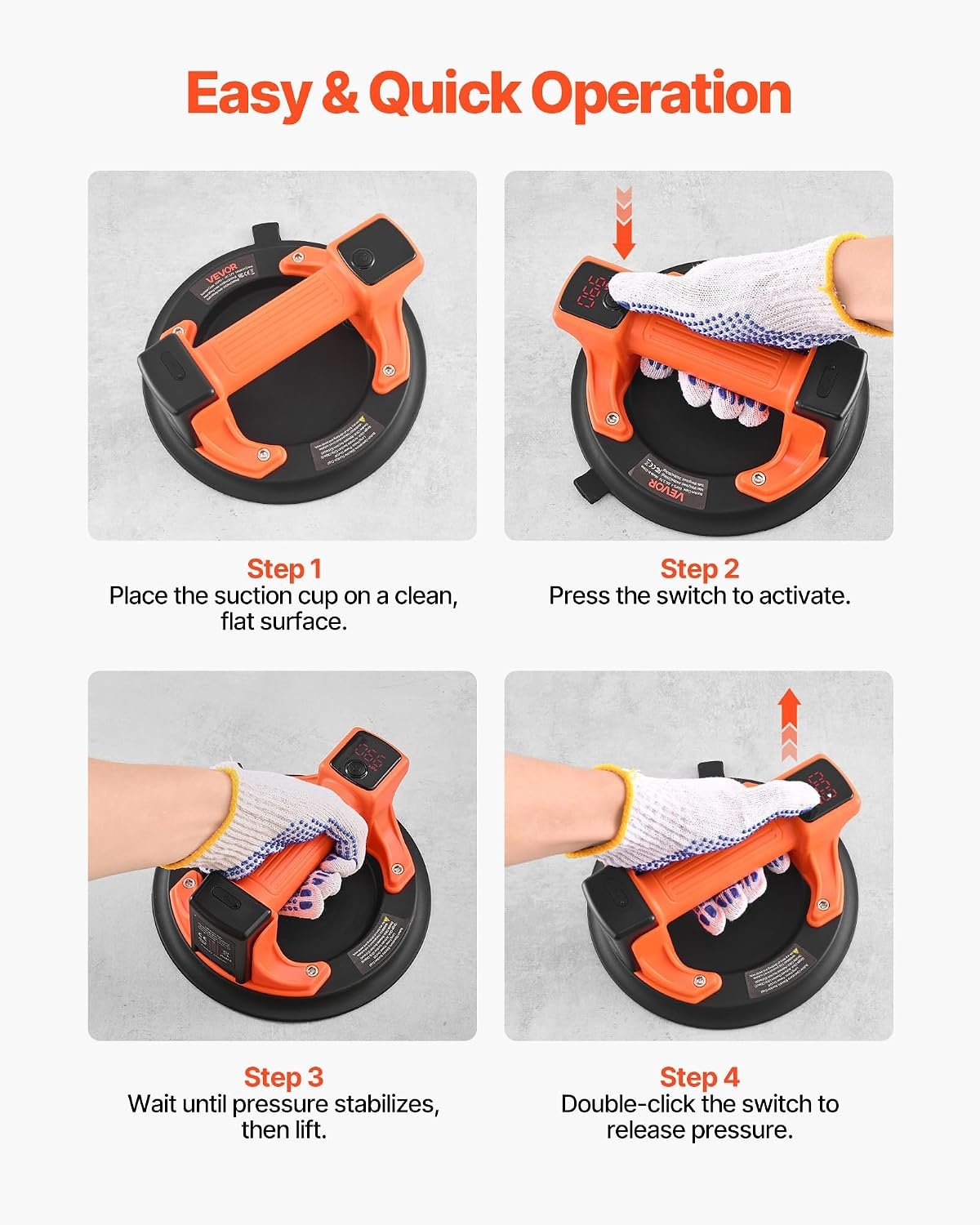image:imageVEVOR Electric Suction Cup 8Inch Vacuum Glass Lifter with Digital Display for Suction Power amp Battery Level 440 lbs Max Lifting Capacity Tile Suction Cup Tool for Lifting Tile Granite 1Pack