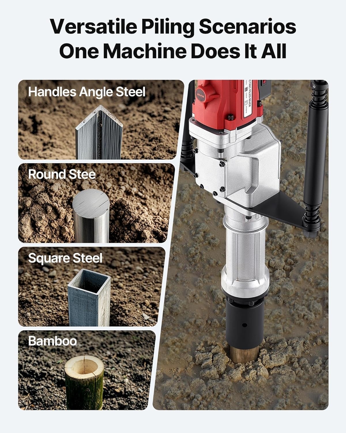 image:imageVEVOR Electric T Post Driver 2200W Handheld Powerful Post Pounder with 217 in55mm 276 in70mm Sleeves for Fence Metal Fencing Farm Garden Construction Landscaping Projects