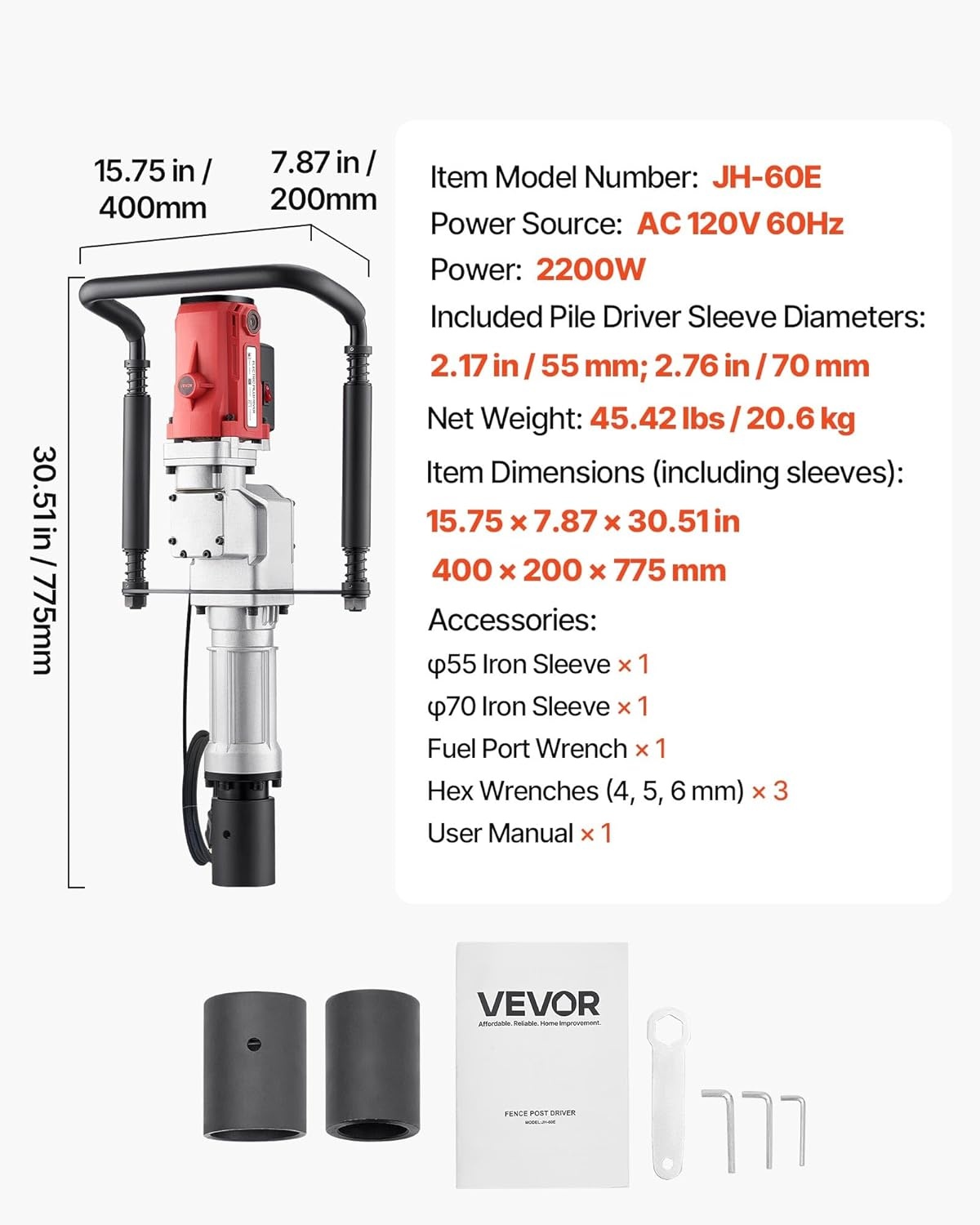 image:imageVEVOR Electric T Post Driver 2200W Handheld Powerful Post Pounder with 217 in55mm 276 in70mm Sleeves for Fence Metal Fencing Farm Garden Construction Landscaping Projects