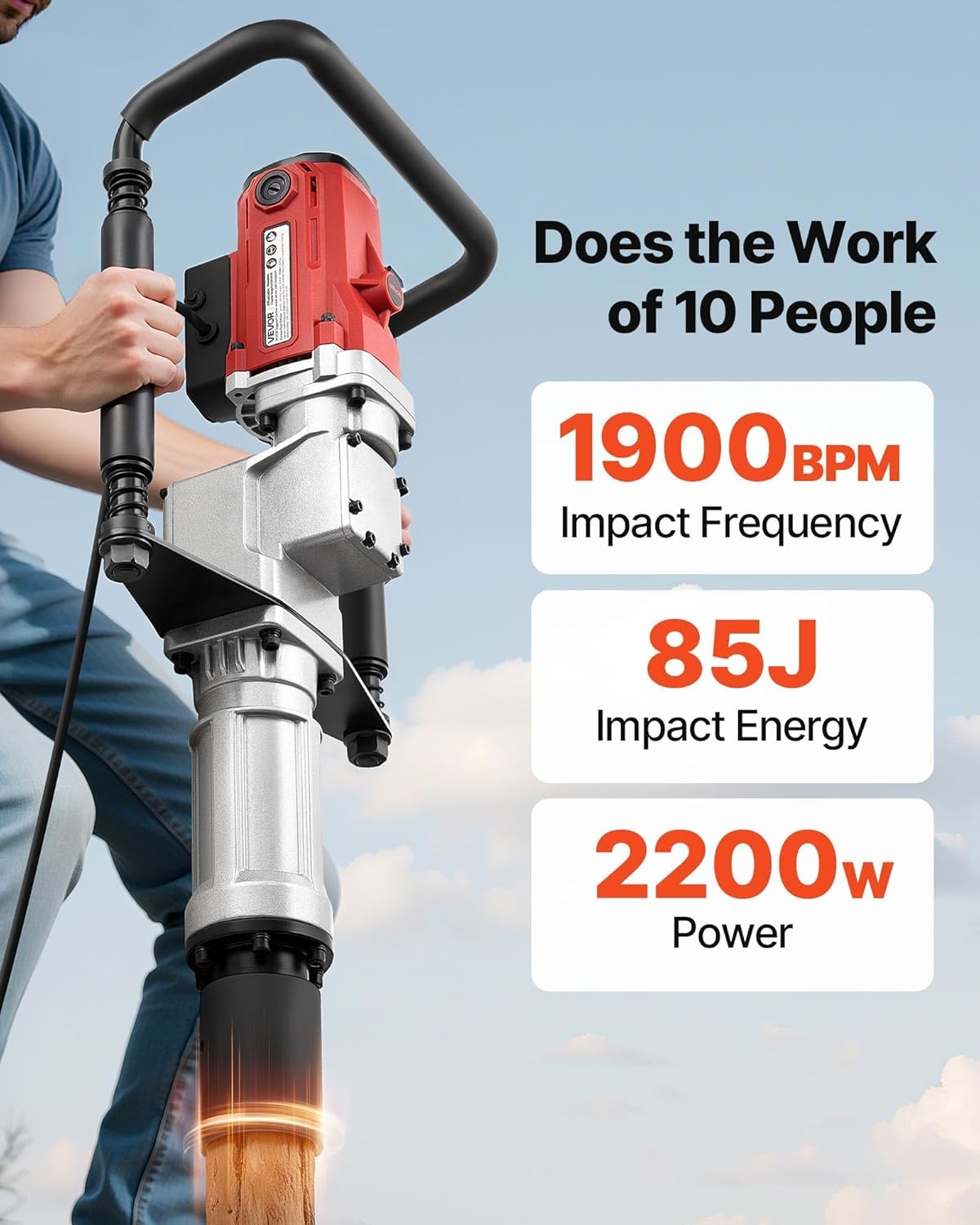 image:imageVEVOR Electric T Post Driver 2200W Handheld Powerful Post Pounder with 217 in55mm 276 in70mm Sleeves for Fence Metal Fencing Farm Garden Construction Landscaping Projects