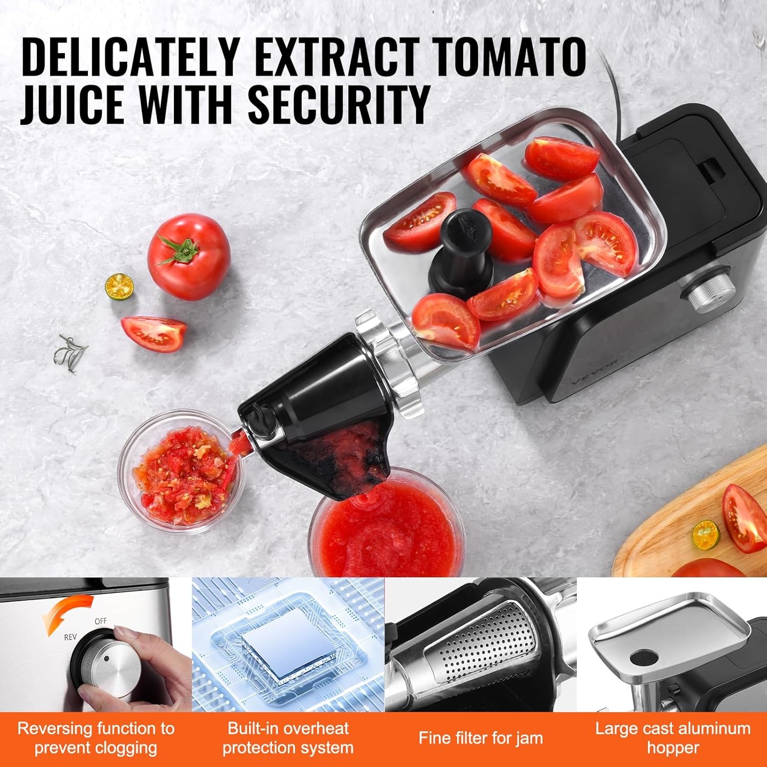 image:imageVEVOR Electric Tomato Strainer 500W Sauce Maker Machine 49 LBSMin Food Mill With Reverse Function for Tomato Strawberry Blueberry Pure Copper Motor500W