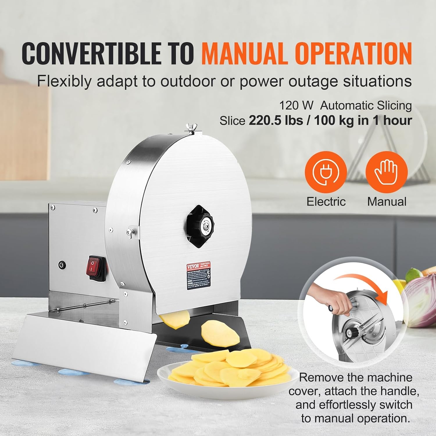 image:imageVEVOR Electric Vegetable Slicer 005012mm Thickness Adjustable Commercial Slicer Machine Convertible to Manual Stainless Steel Food Cutter Slicing Machine for Potato Lemon Tomato AppleElectricConvertible