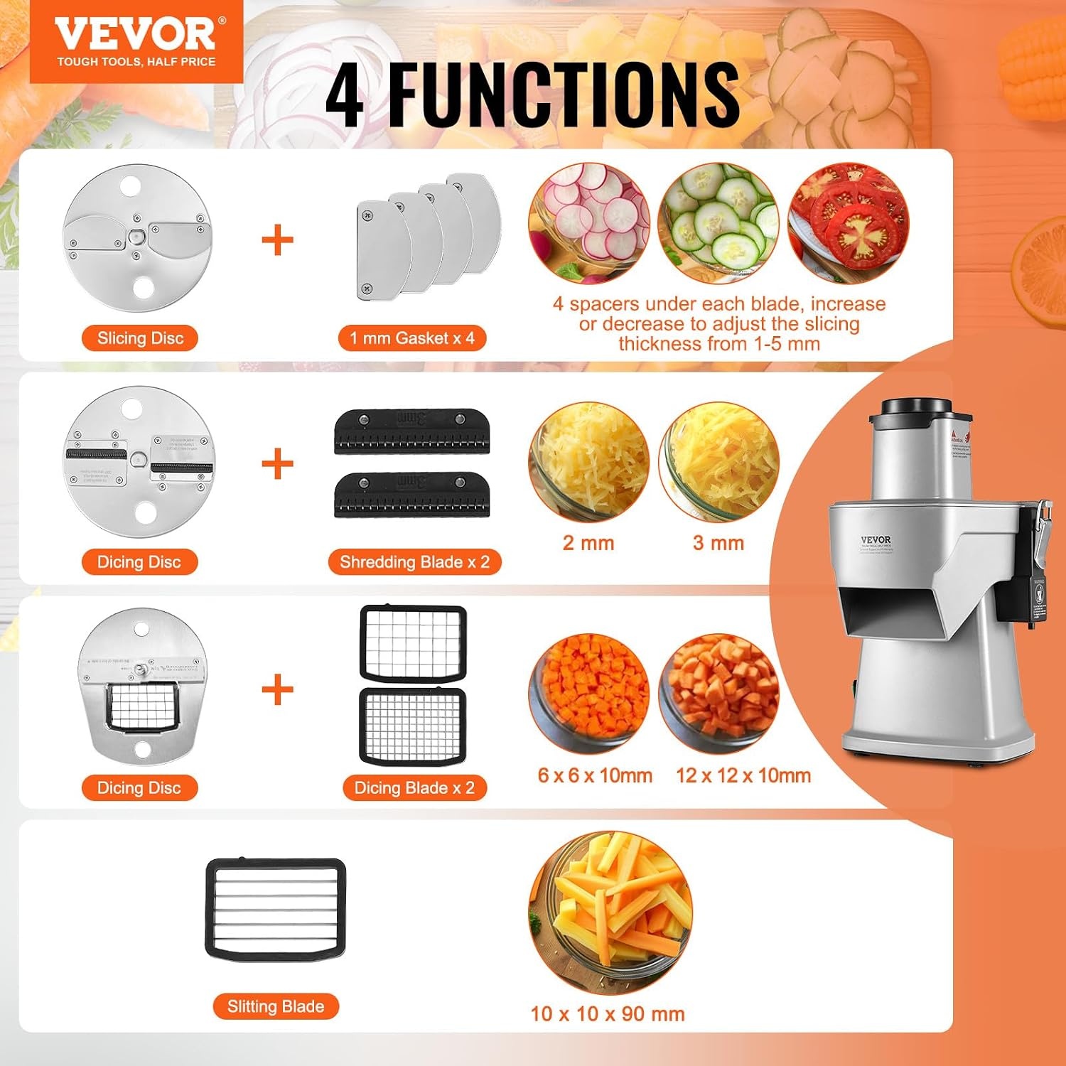 image:imageVEVOR Electric Vegetable Slicer 4 in 1 Multifunctional Food Cutter 200W Vegetable Chopper for Slicing Shredding Dicing and Slitting with CutResistant Gloves for Commercial and Home UseUpgraded Model