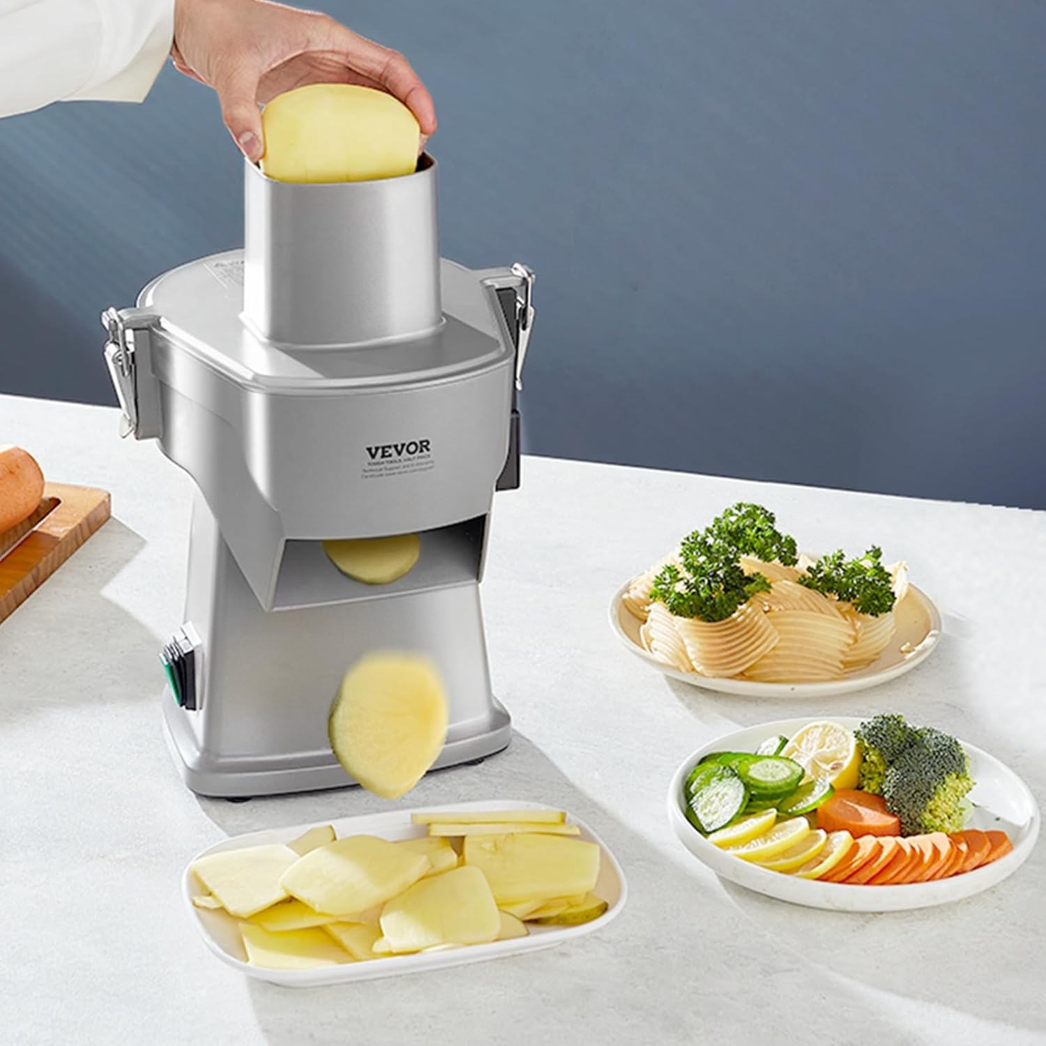 image:imageVEVOR Electric Vegetable Slicer 4 in 1 Multifunctional Food Cutter 200W Vegetable Chopper for Slicing Shredding Dicing and Slitting with CutResistant Gloves for Commercial and Home UseUpgraded Model