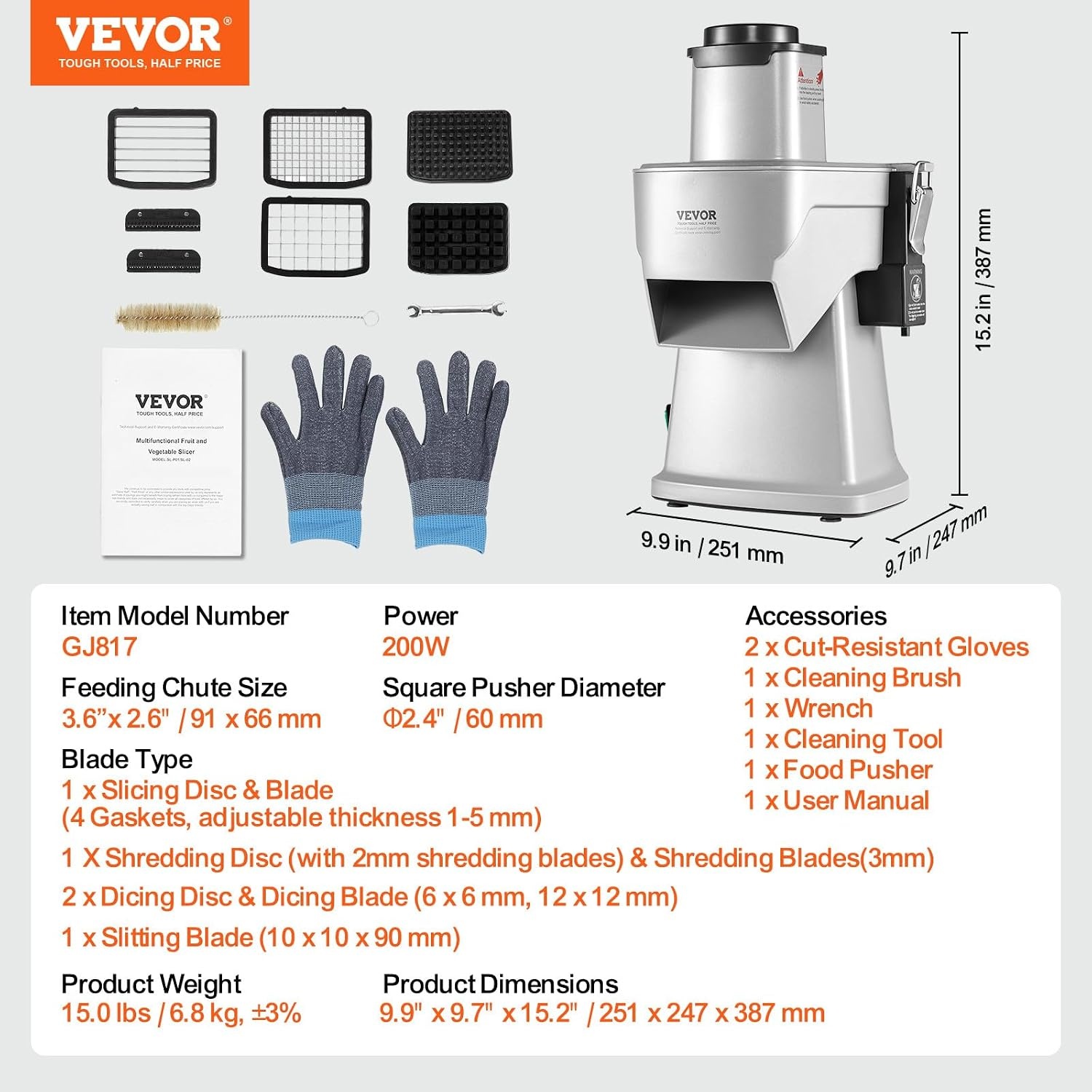image:imageVEVOR Electric Vegetable Slicer 4 in 1 Multifunctional Food Cutter 200W Vegetable Chopper for Slicing Shredding Dicing and Slitting with CutResistant Gloves for Commercial and Home UseUpgraded Model