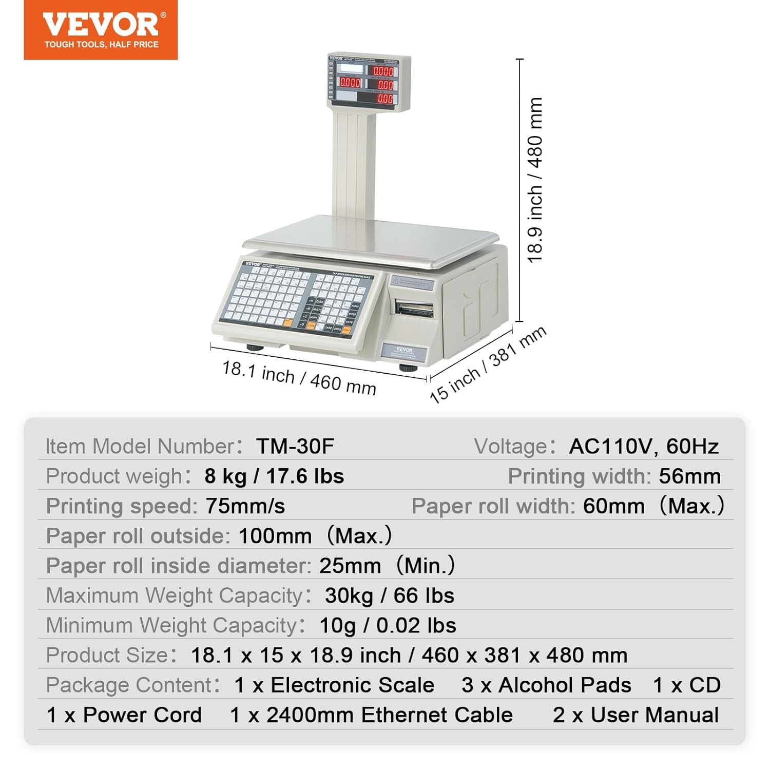 image:imageVEVOR Electronic Price Computing Scale 66 LB Digital Deli Weight Scales LCD amp LED Digital Food Fruit Meat Produce Counting Weight for Retail Store Kitchen Restaurant Market and FarmerPrice Computing Scale with Printer