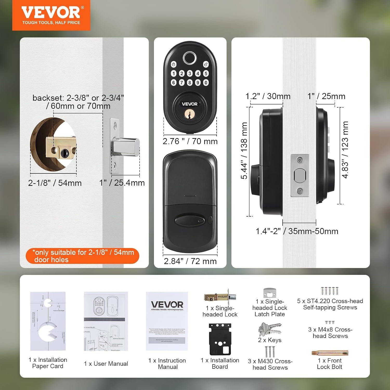 image:imageVEVOR Entry Door Locksets with Deadbolt 5 Pack Satin Nickel Entry Lever and Single Cylinder Deadbolt Keyed Alike Combo Pack Fit for 138 to 134 Door Thickness for Entrance and FrontBlack