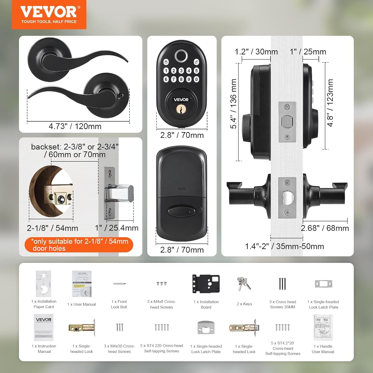 image:imageVEVOR Entry Door Locksets with Deadbolt 5 Pack Satin Nickel Entry Lever and Single Cylinder Deadbolt Keyed Alike Combo Pack Fit for 138 to 134 Door Thickness for Entrance and FrontBlack