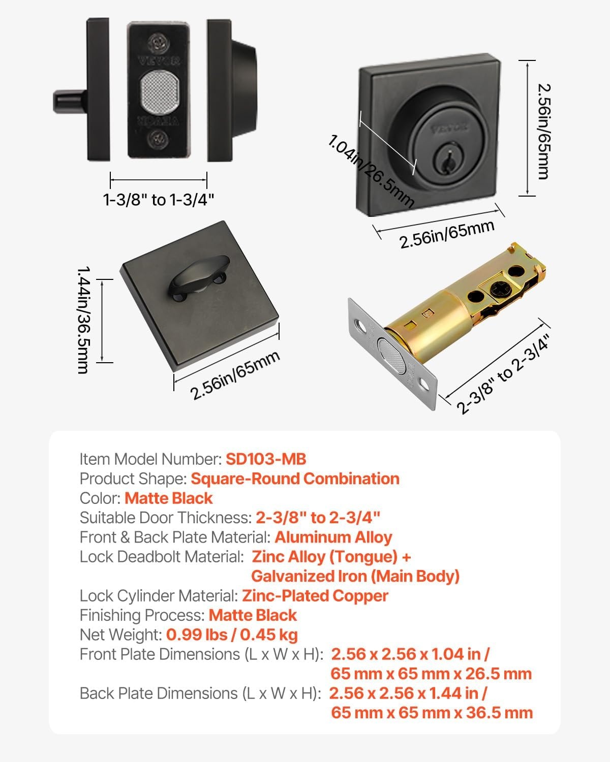 image:imageVEVOR Entry Door Locksets with Deadbolt 5 Pack Satin Nickel Entry Lever and Single Cylinder Deadbolt Keyed Alike Combo Pack Fit for 138 to 134 Door Thickness for Entrance and FrontBlack