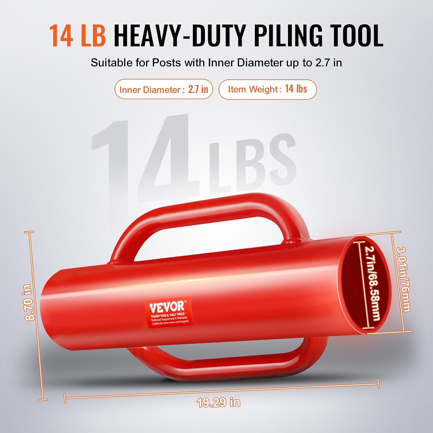image:imageVEVOR Fence T Post Driver 27 Inner Diameter Post Pounder with Handles 14LB Heavy Duty Carbon Steel Hand Post Rammer Farm Fencing Hole Digger for U Channel Sign Pole Wooden Post Red27 14LB