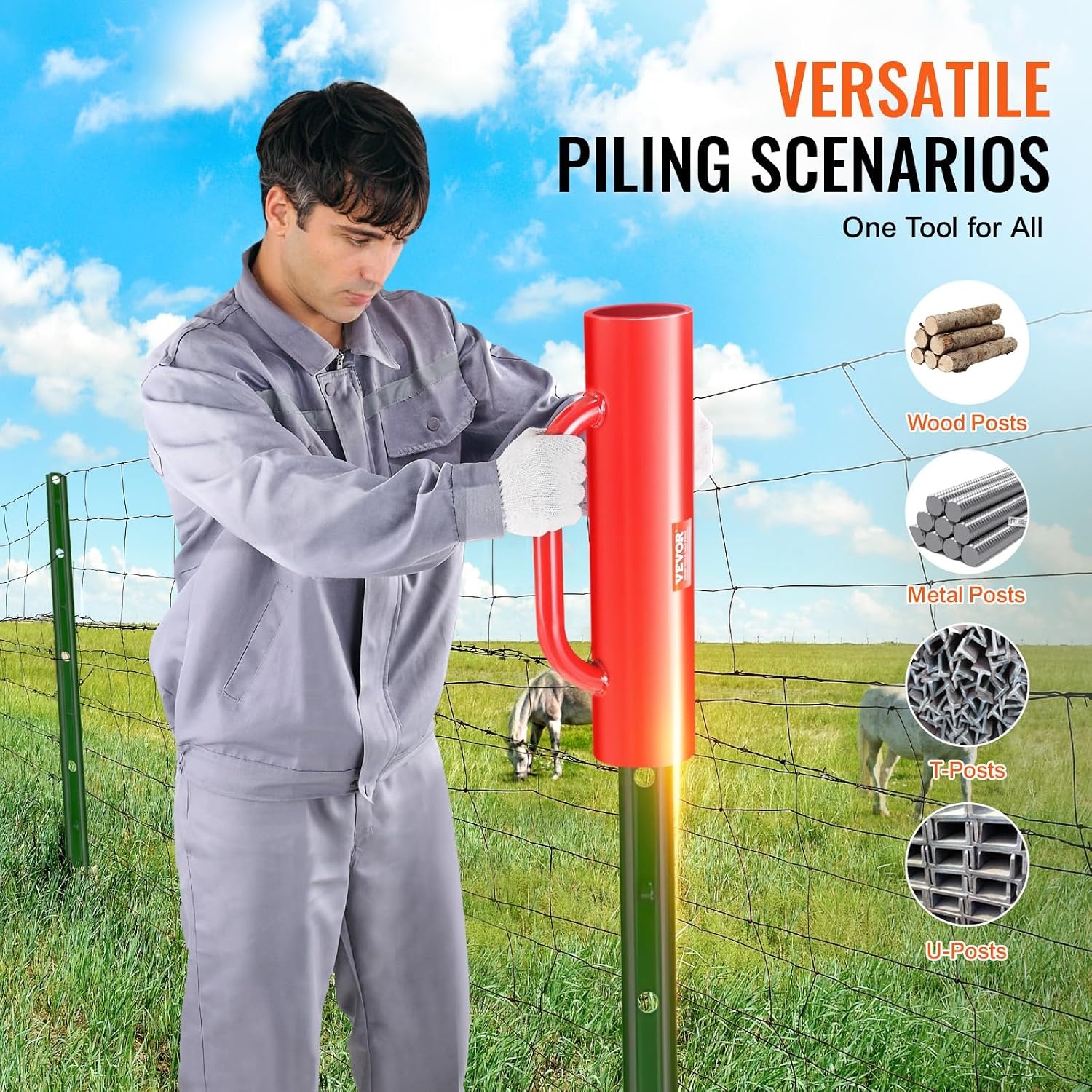 image:imageVEVOR Fence T Post Driver 27 Inner Diameter Post Pounder with Handles 14LB Heavy Duty Carbon Steel Hand Post Rammer Farm Fencing Hole Digger for U Channel Sign Pole Wooden Post Red27 14LB