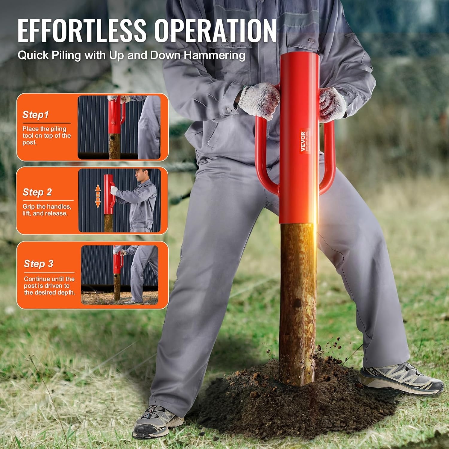 image:imageVEVOR Fence T Post Driver 27 Inner Diameter Post Pounder with Handles 14LB Heavy Duty Carbon Steel Hand Post Rammer Farm Fencing Hole Digger for U Channel Sign Pole Wooden Post Red27 14LB