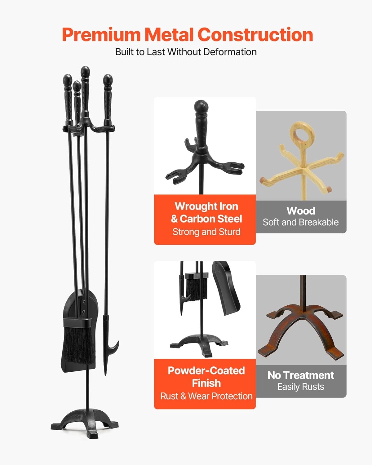 image:imageVEVOR Fireplace Tool Set 5 PCS Fire Tool Set and Holder with FiveProng Stand Tongs Ash Shovel Brush Fire Place Poker Wrought Iron Fireplace Accessories for IndoorOutdoor Black amp Brass4PCS ThreeProng Stand