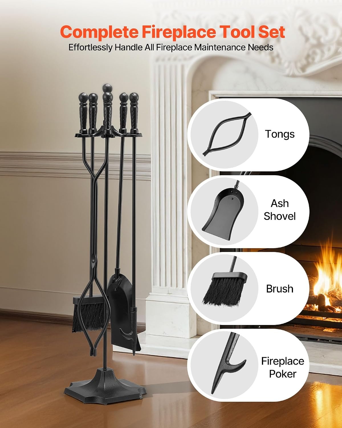 image:imageVEVOR Fireplace Tool Set 5 PCS Fire Tool Set and Holder with FiveProng Stand Tongs Ash Shovel Brush Fire Place Poker Wrought Iron Fireplace Accessories for IndoorOutdoor Black amp Brass5PCS FiveProng Stand Black